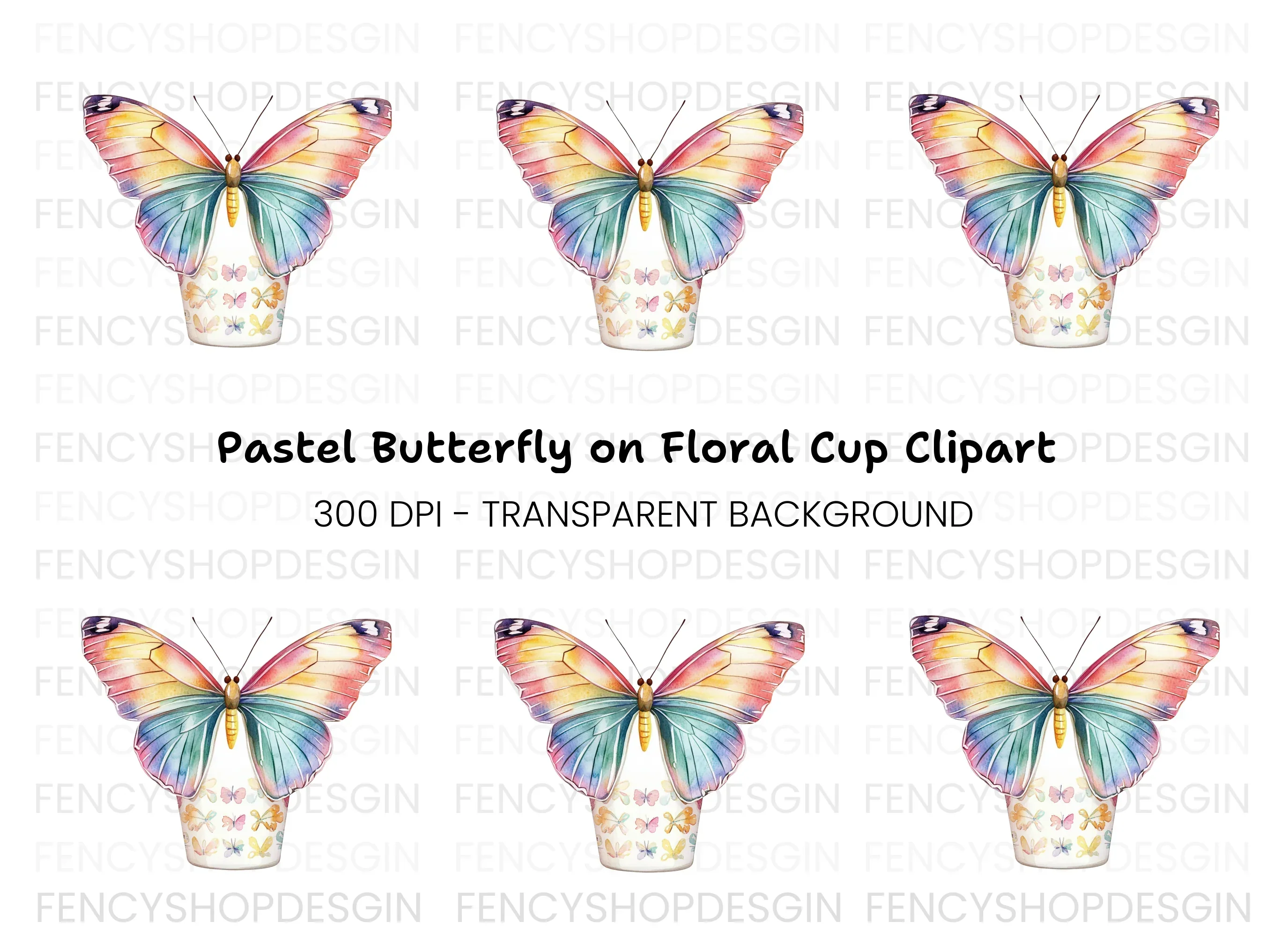 Rainbow Butterfly Floral Cup Clipart Bundle