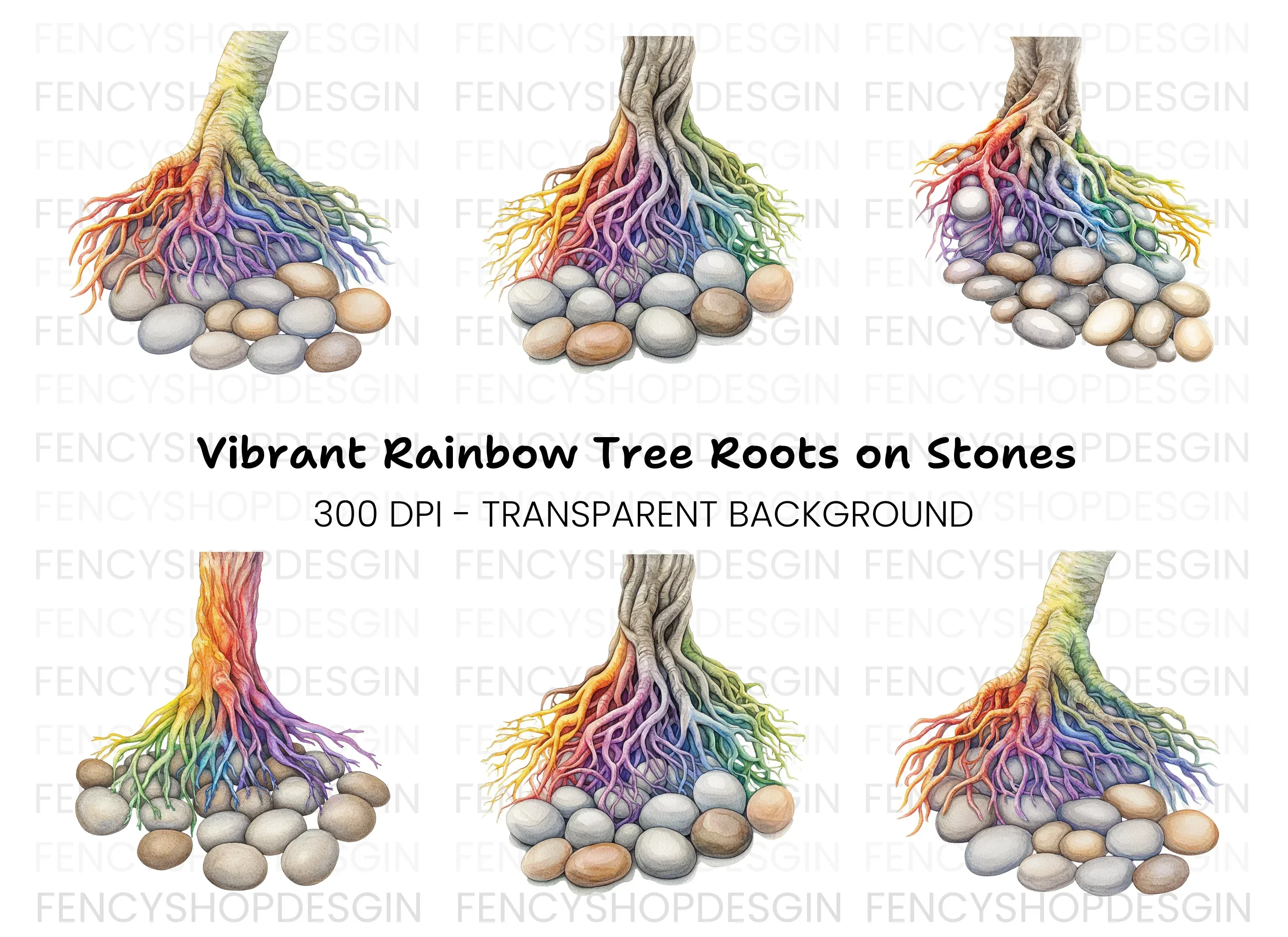 Rainbow Tree Roots and River Stones Clipart Bundle