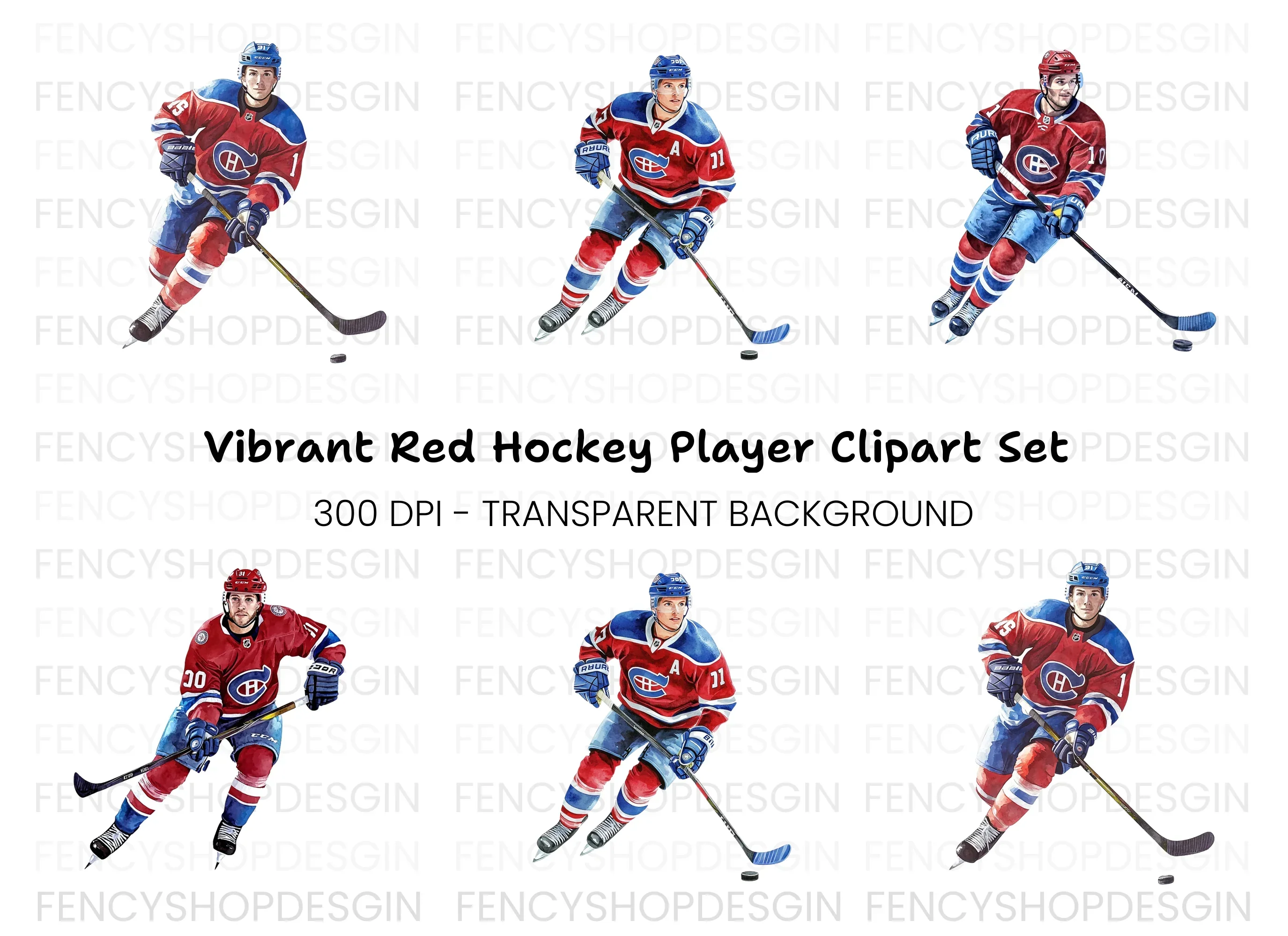 Red Hockey Team Action Clipart Bundle