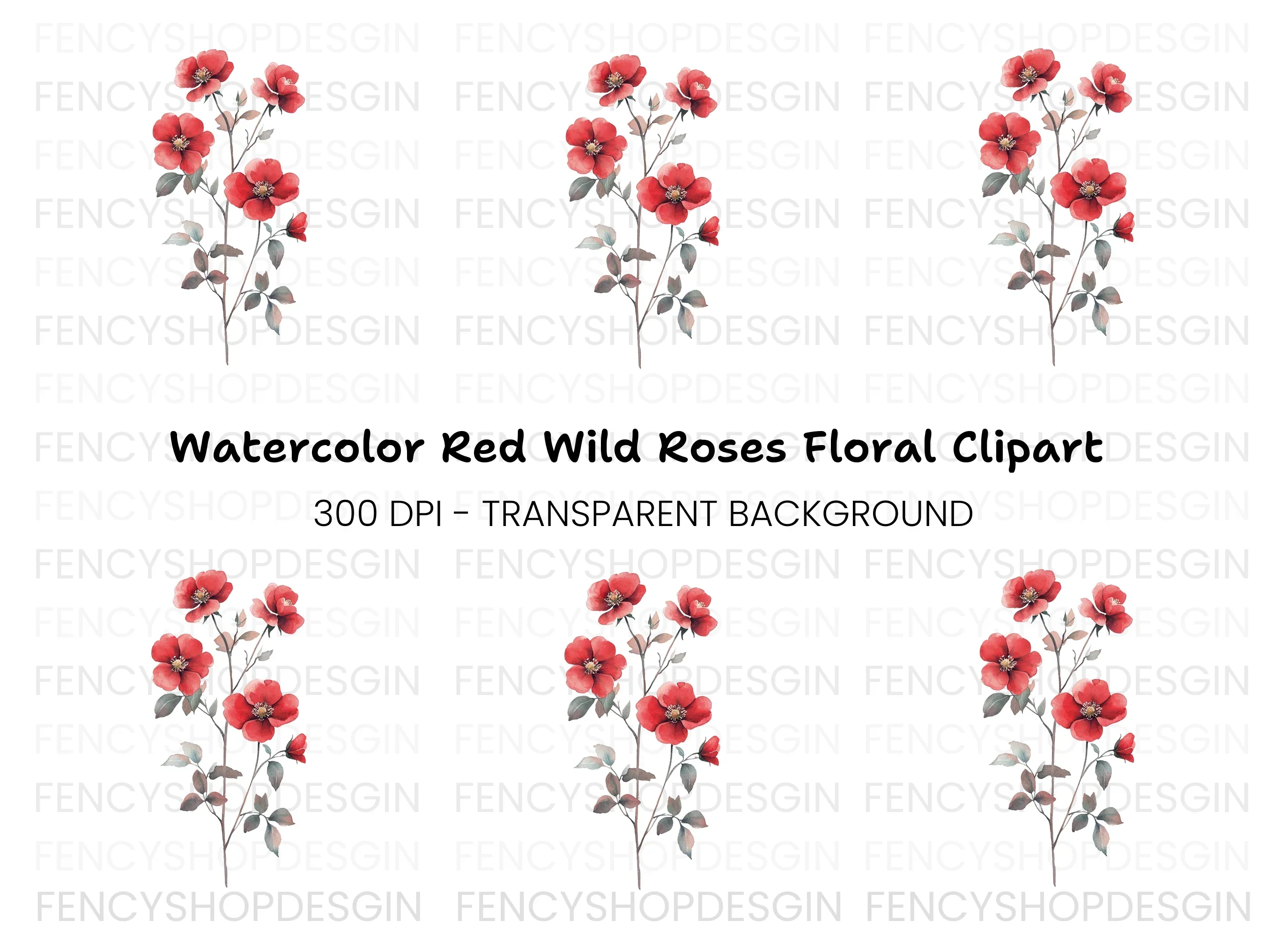Red Rose Branch Clipart Bundle