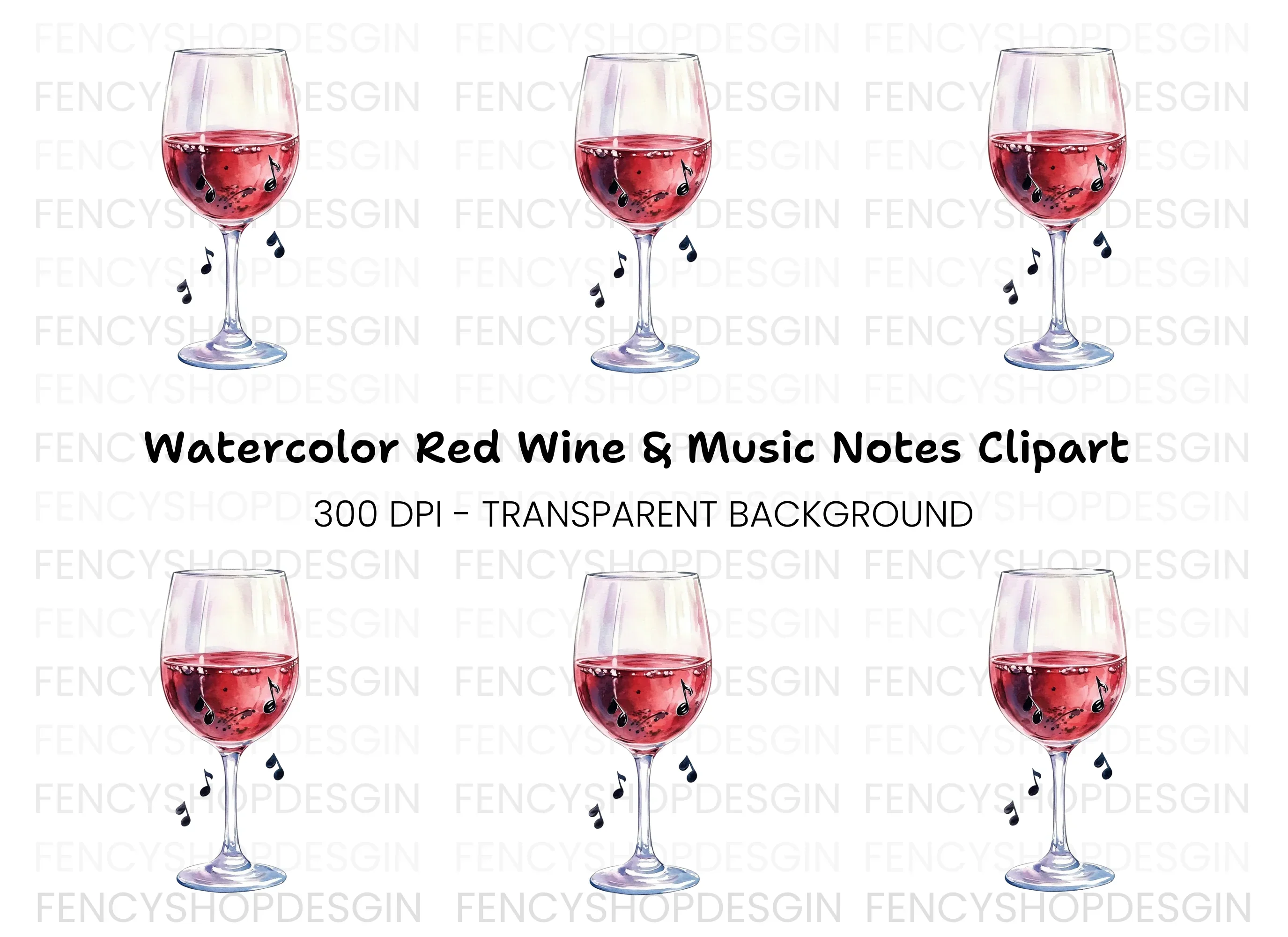 Red Wine Glass with Music Notes Clipart Bundle