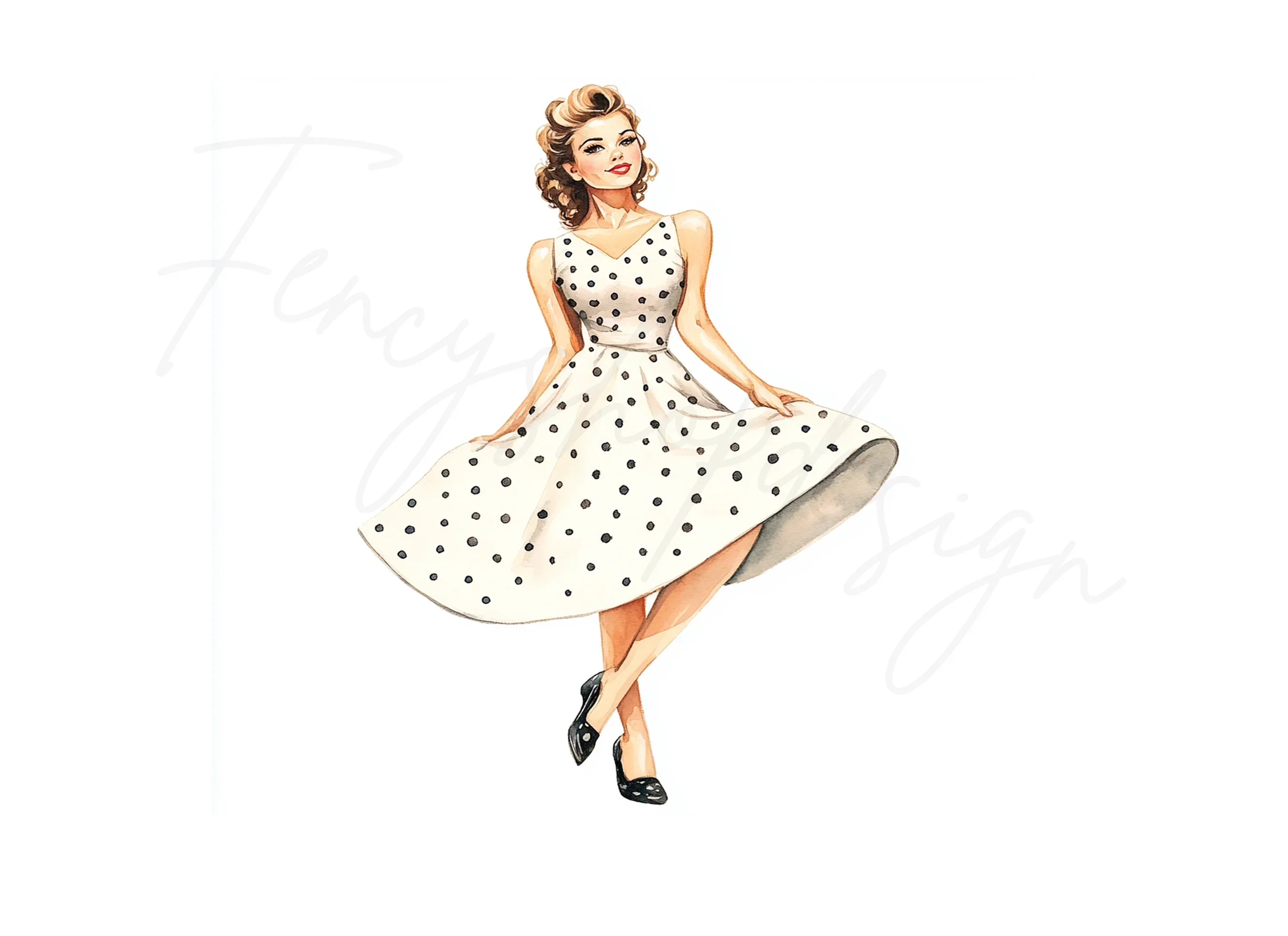 Retro 50s Polka Dot Dress Woman Clipart Bundle - Image 2