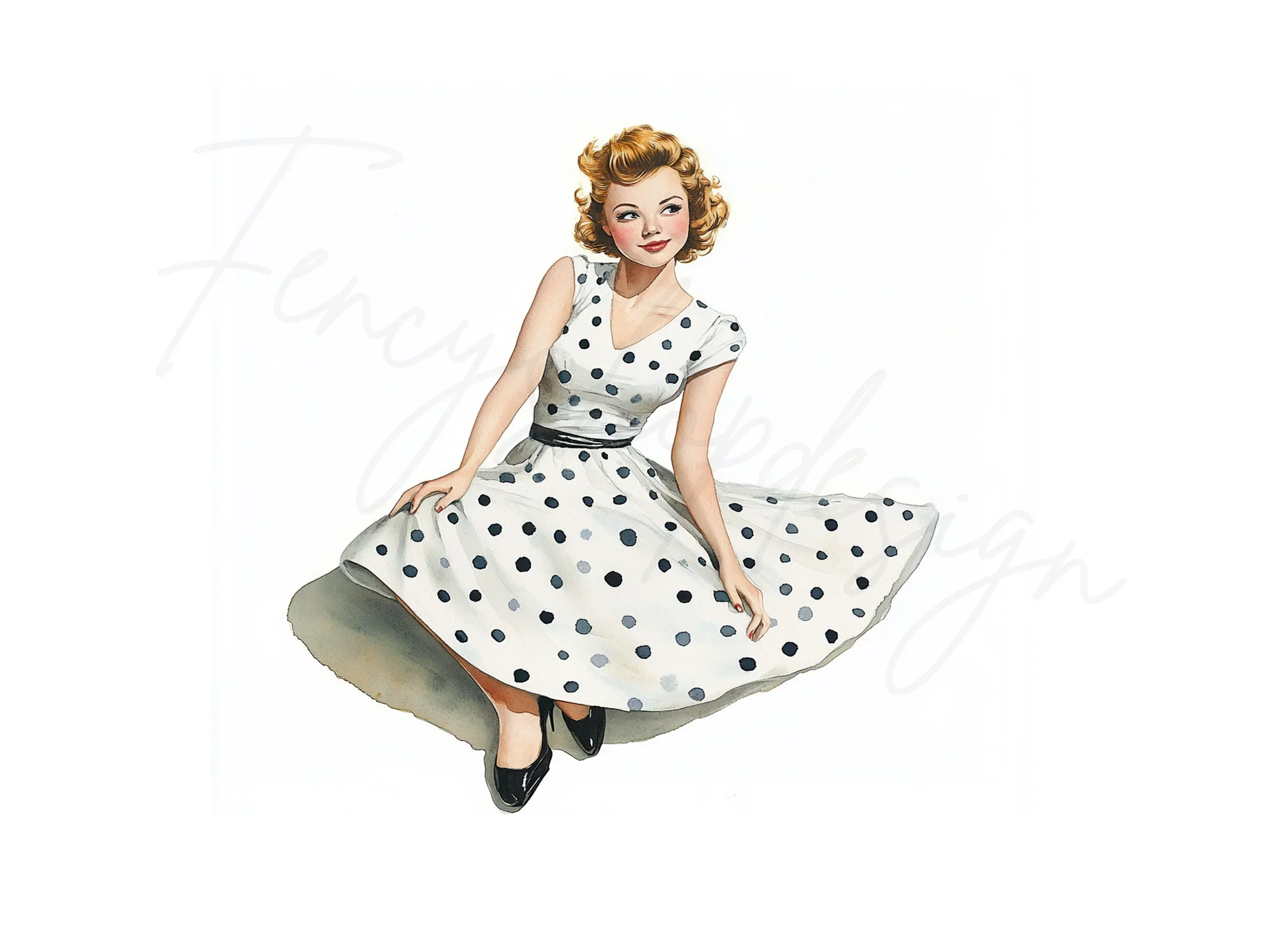 Retro 50s Polka Dot Dress Woman Clipart Bundle - Image 3