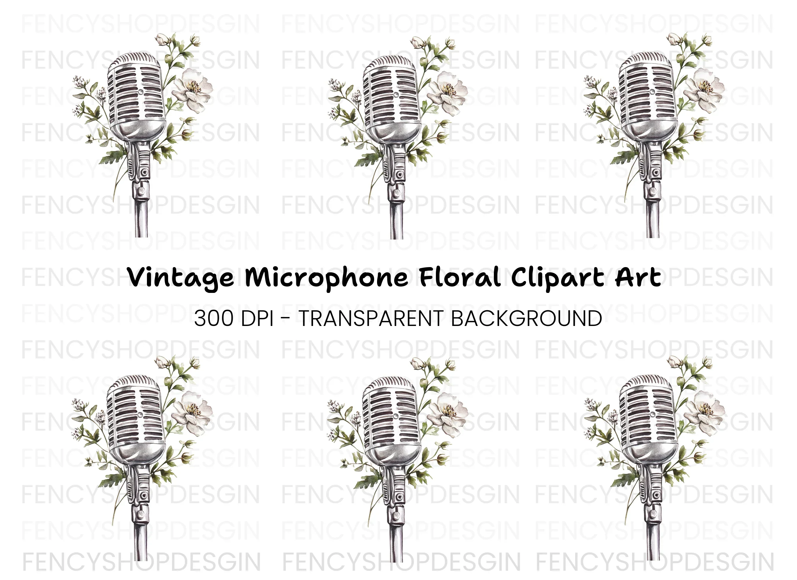 Retro Microphone with White Flowers Clipart Bundle