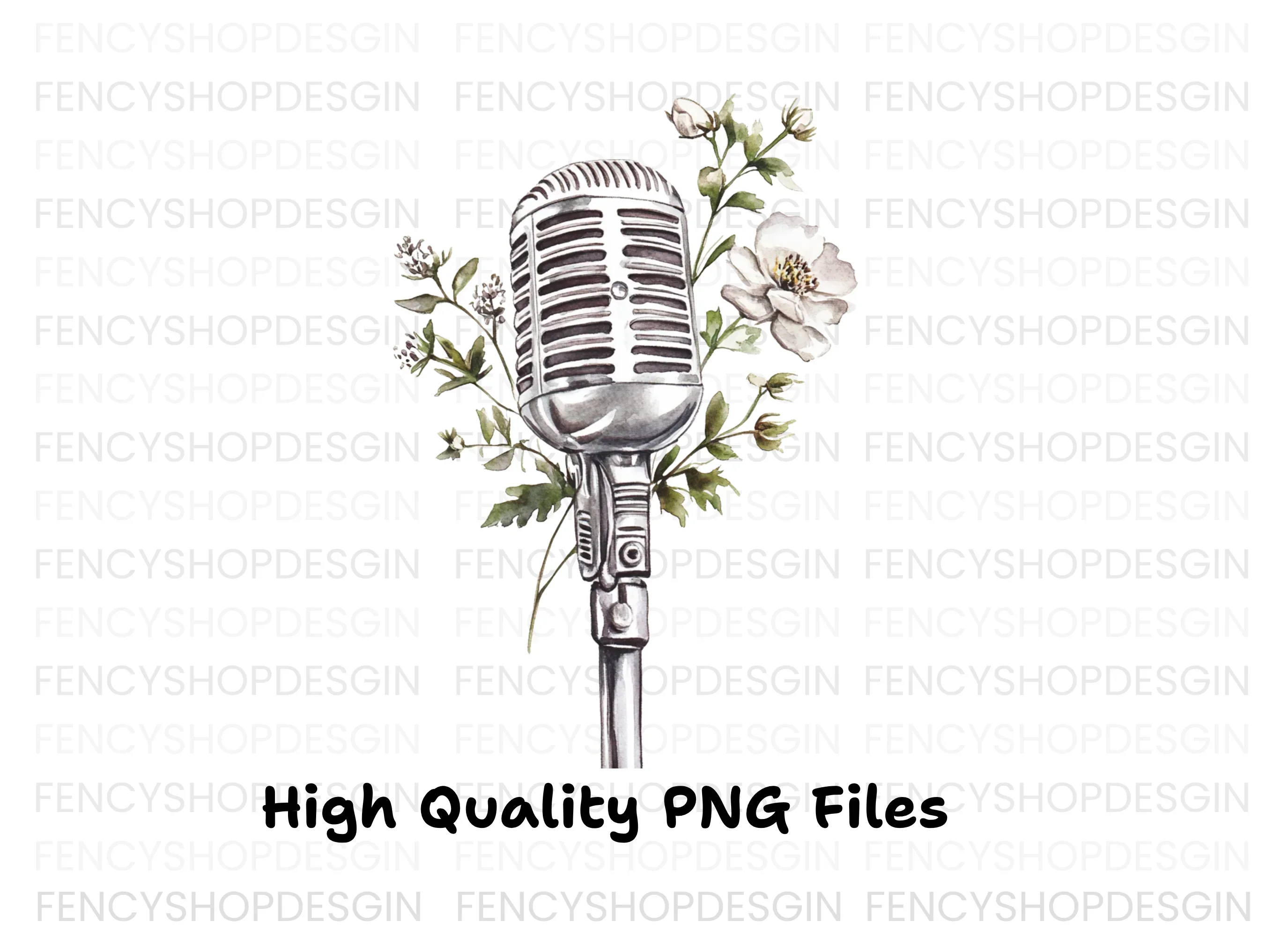 Retro Microphone with White Flowers Clipart Bundle - Image 3
