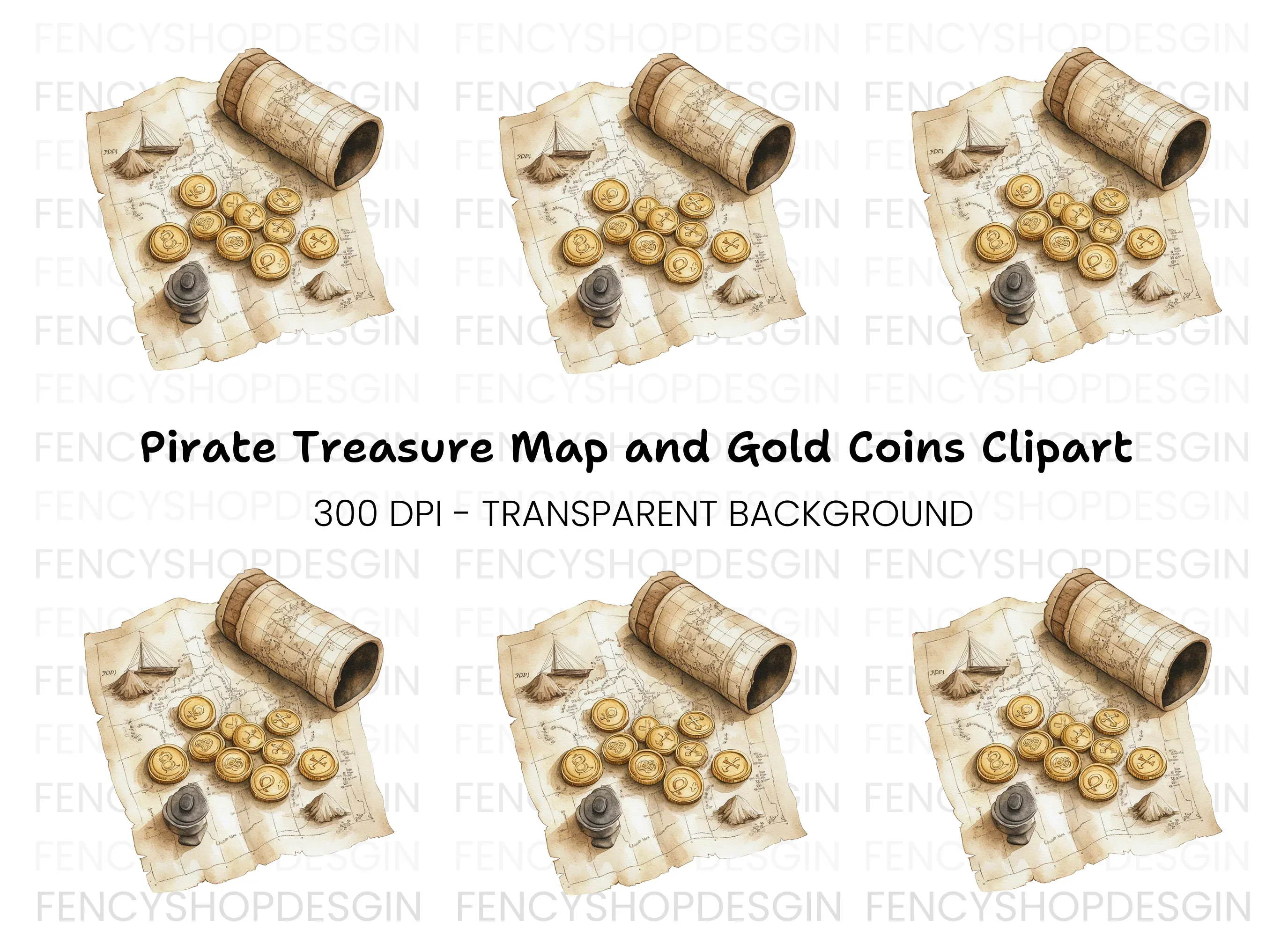Rolled Map and Coins Clipart Bundle