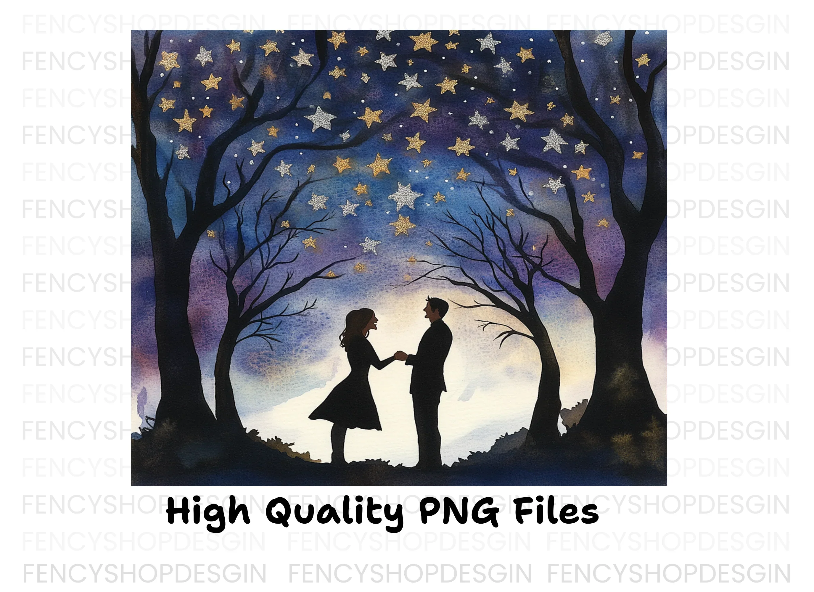 Romantic Couple Under Starry Trees Clipart Bundle - Image 3