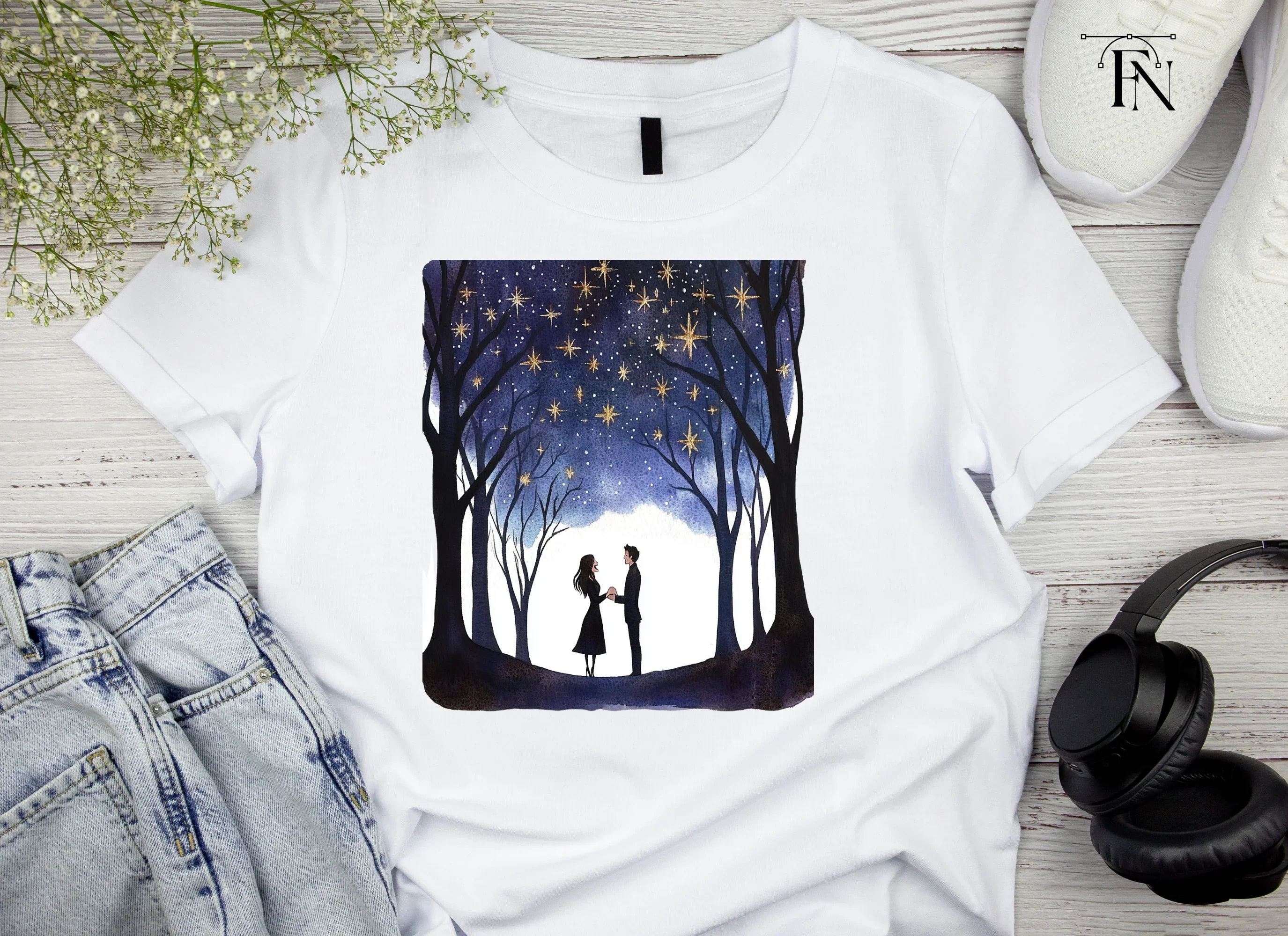 Romantic Couple Under Starry Trees Clipart Bundle - Image 4