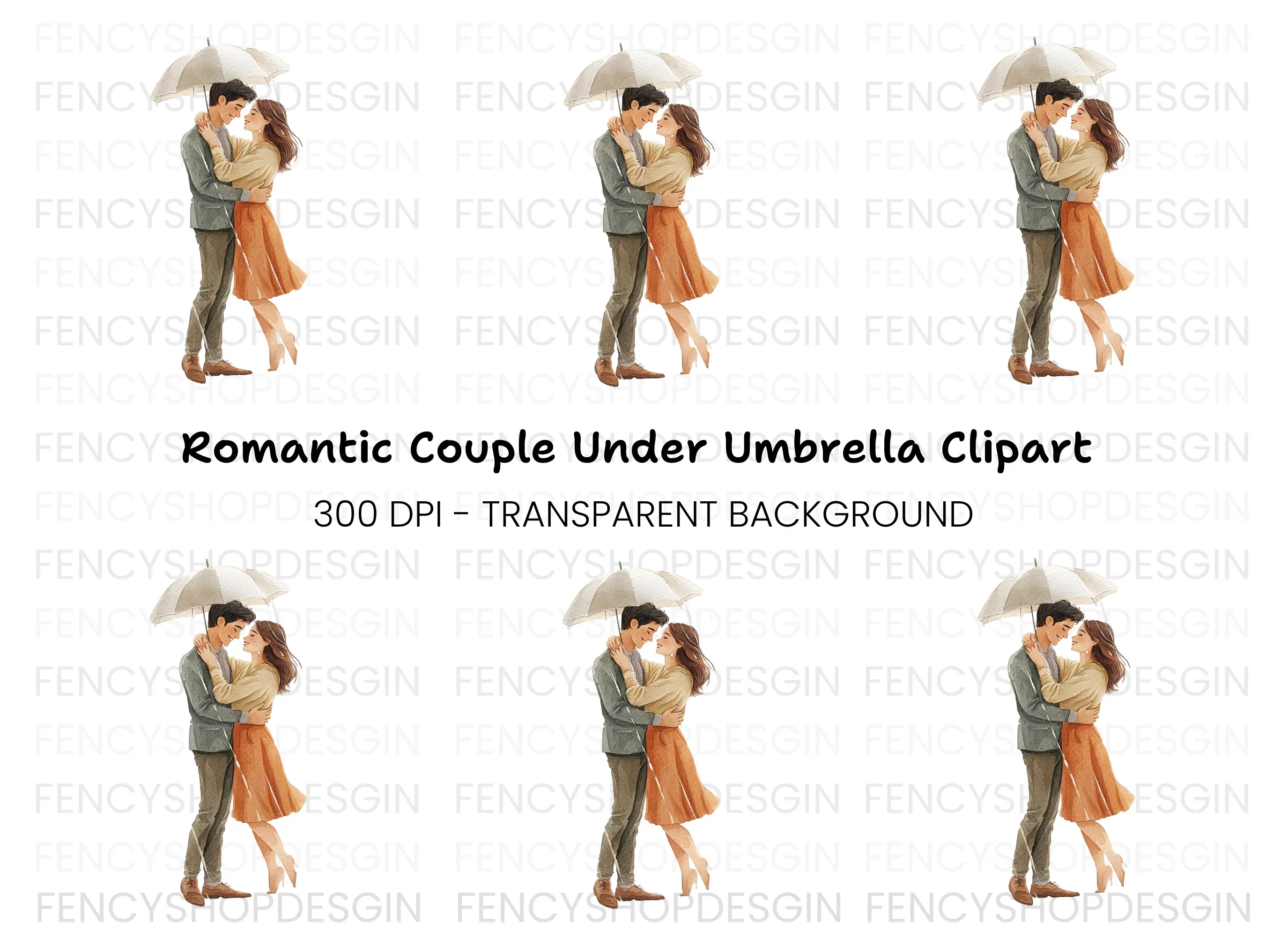 Romantic Couple Under Umbrella Clipart Bundle
