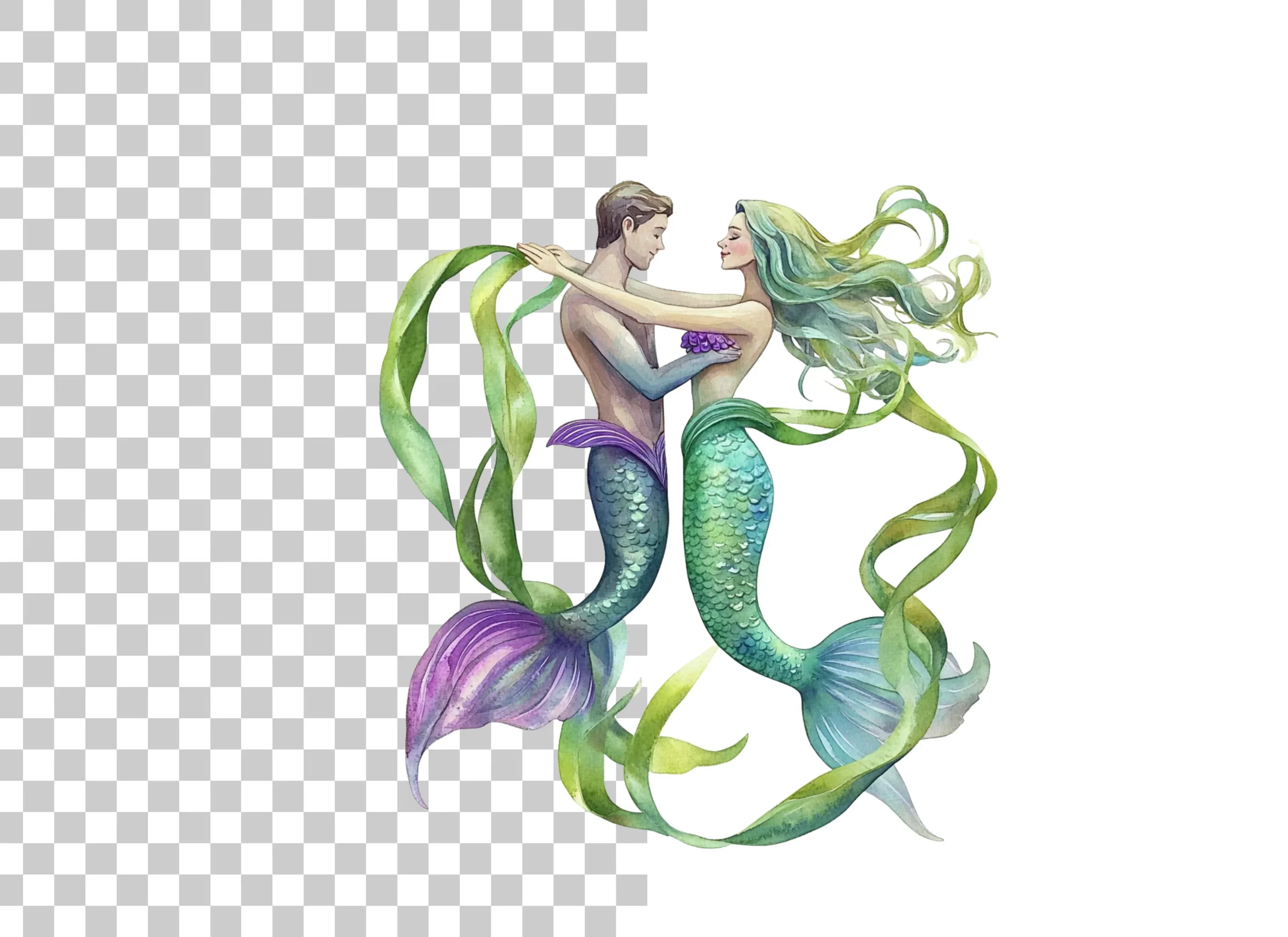 Romantic Mermaid and Merman Clipart Bundle - Image 3