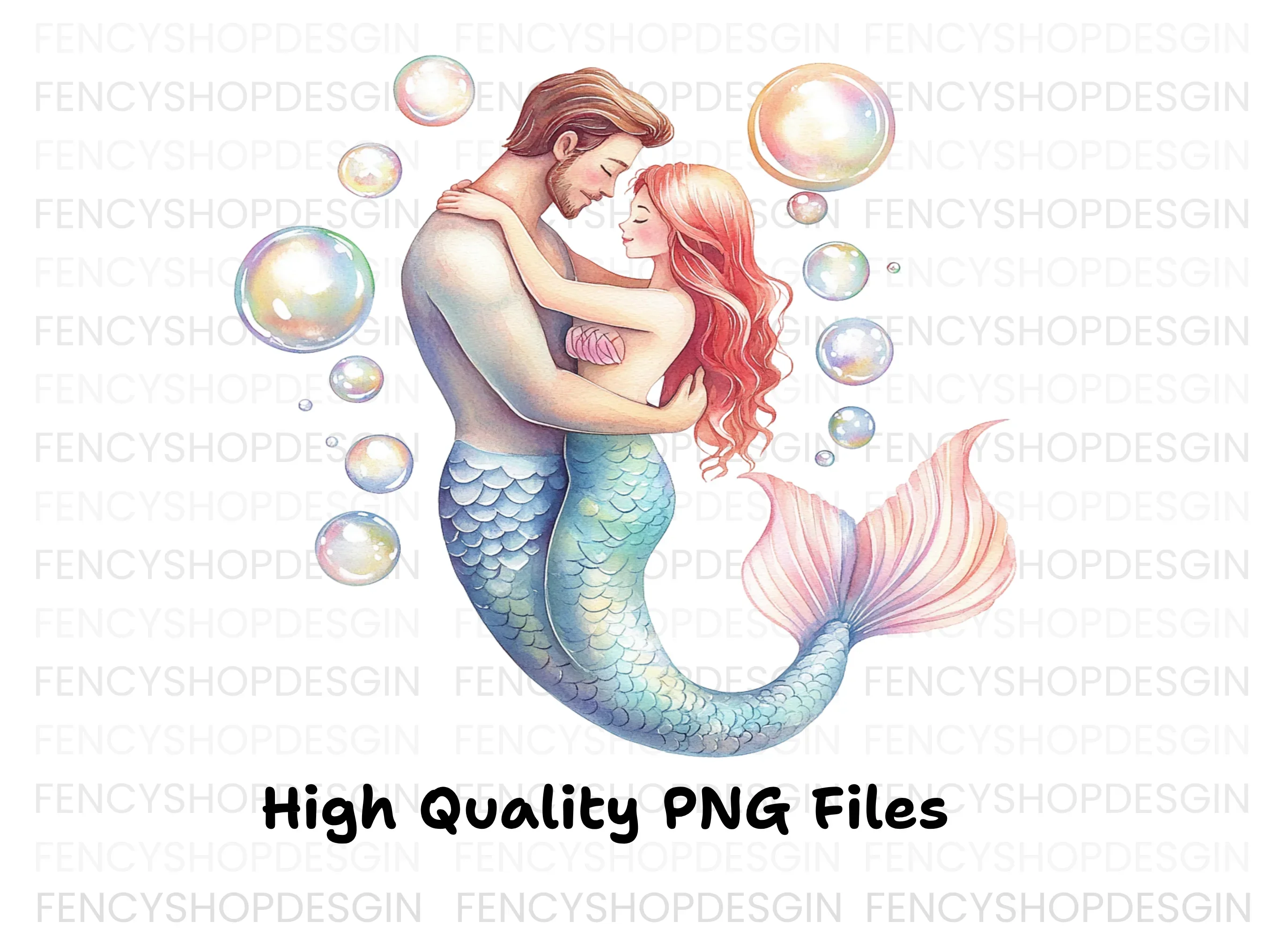 Romantic Mermaid Couple Bubbles Clipart Bundle - Image 3