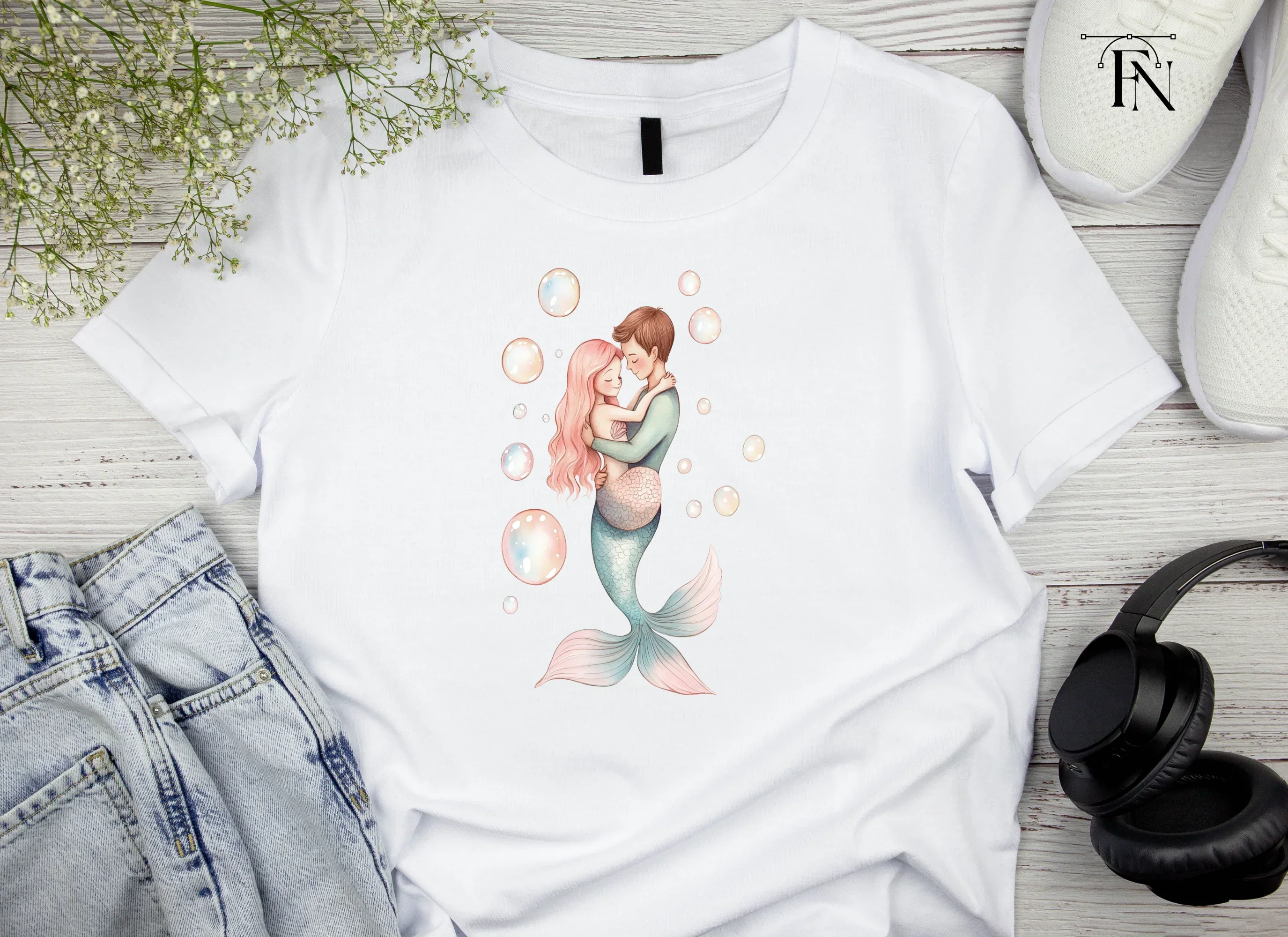 Romantic Mermaid Couple Bubbles Clipart Bundle - Image 4