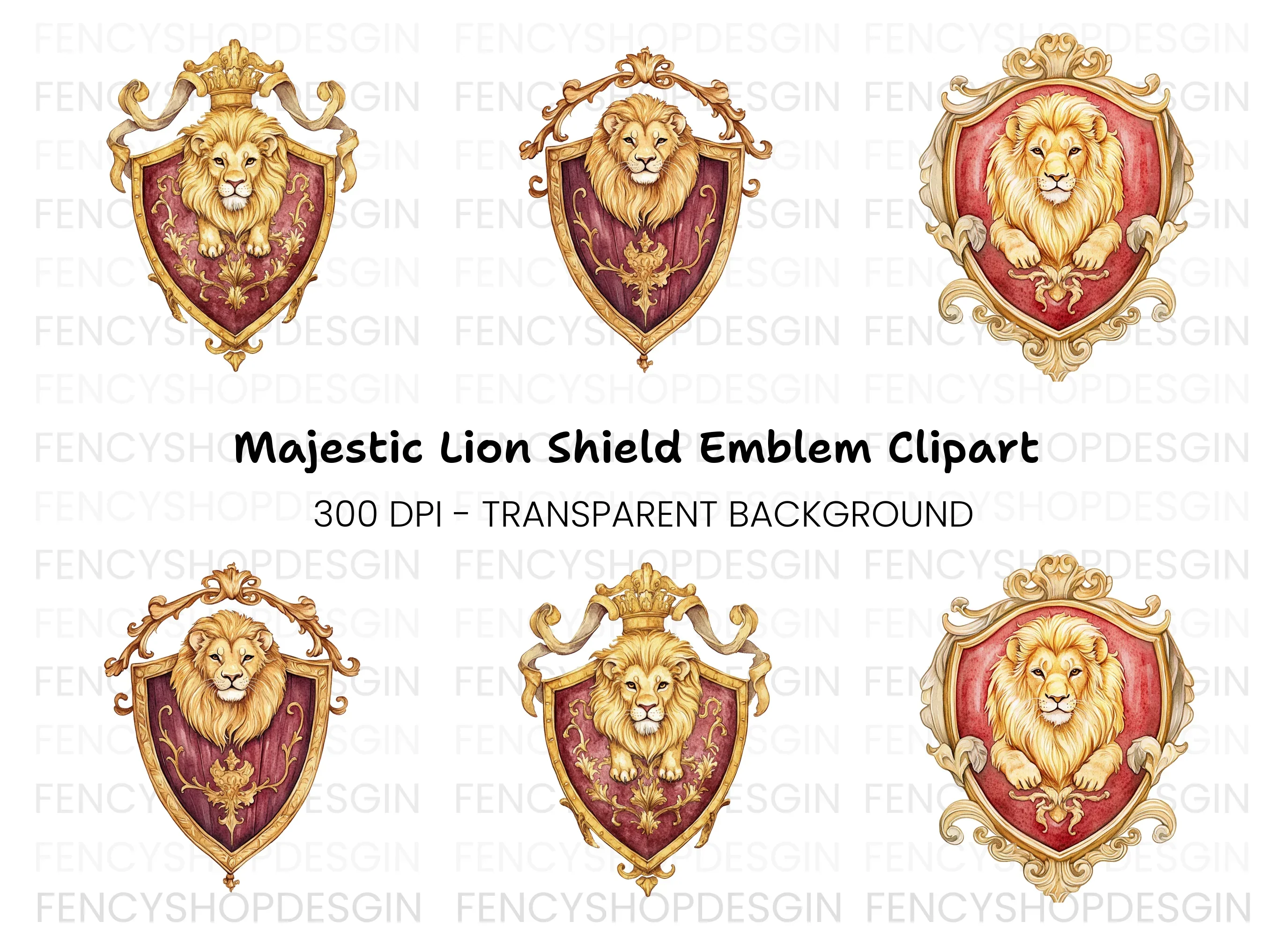 Royal Lion Shield Emblems Clipart Bundle