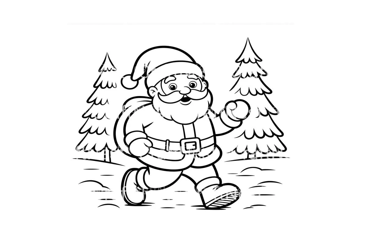 Running Santa Claus in Snowy Forest Coloring Books - Image 4