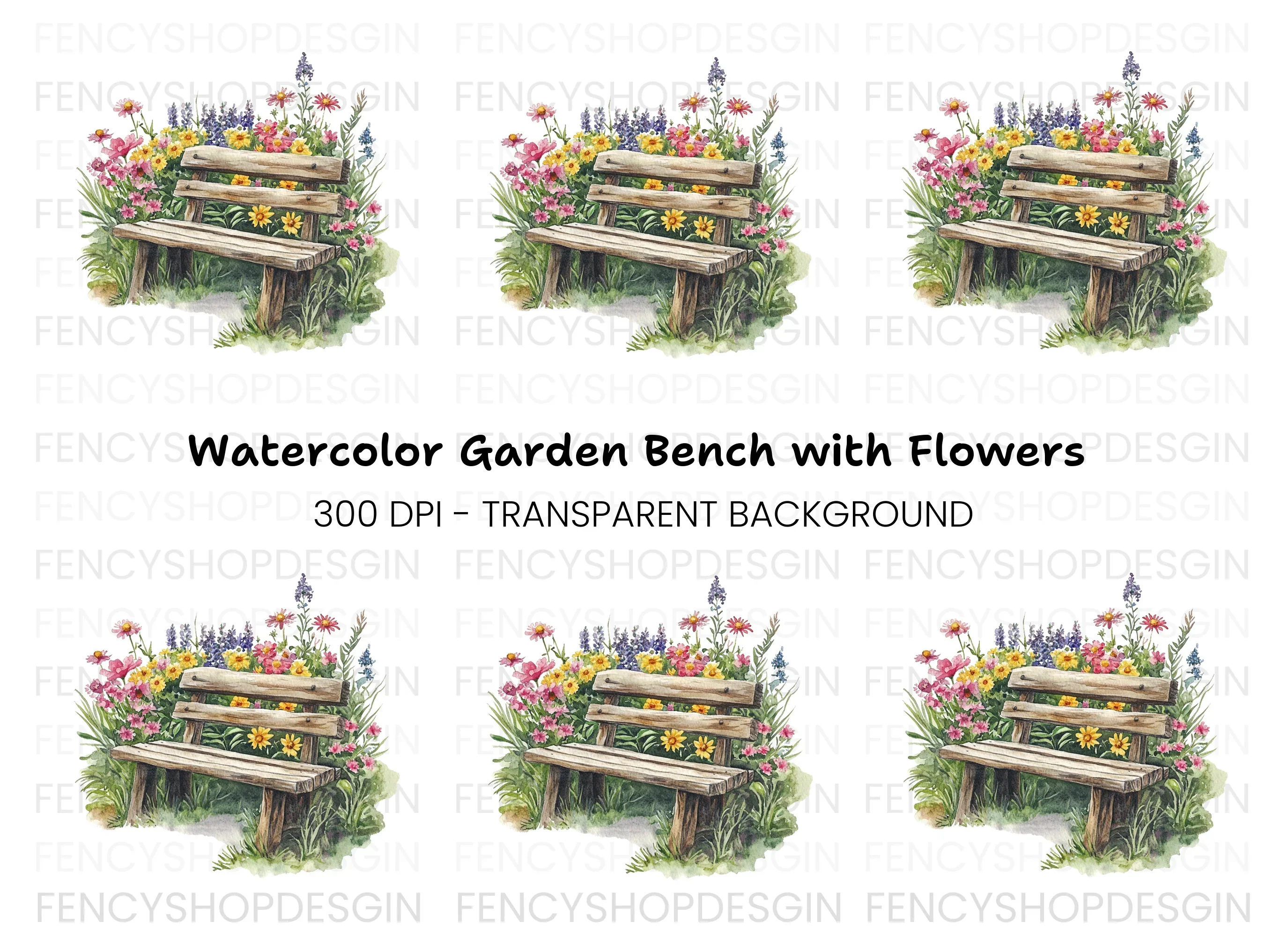 Rustic Bench in Blooming Garden Clipart Bundle