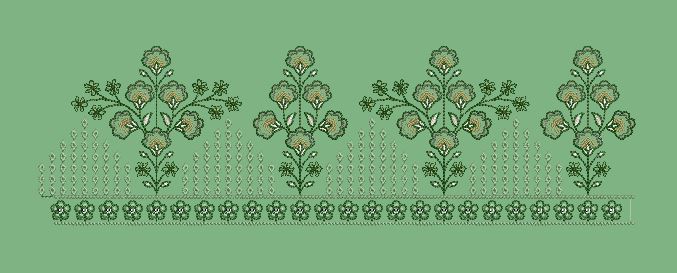 Sage Green Floral Bouquet Hem Border Green & Peach Embroidery Design