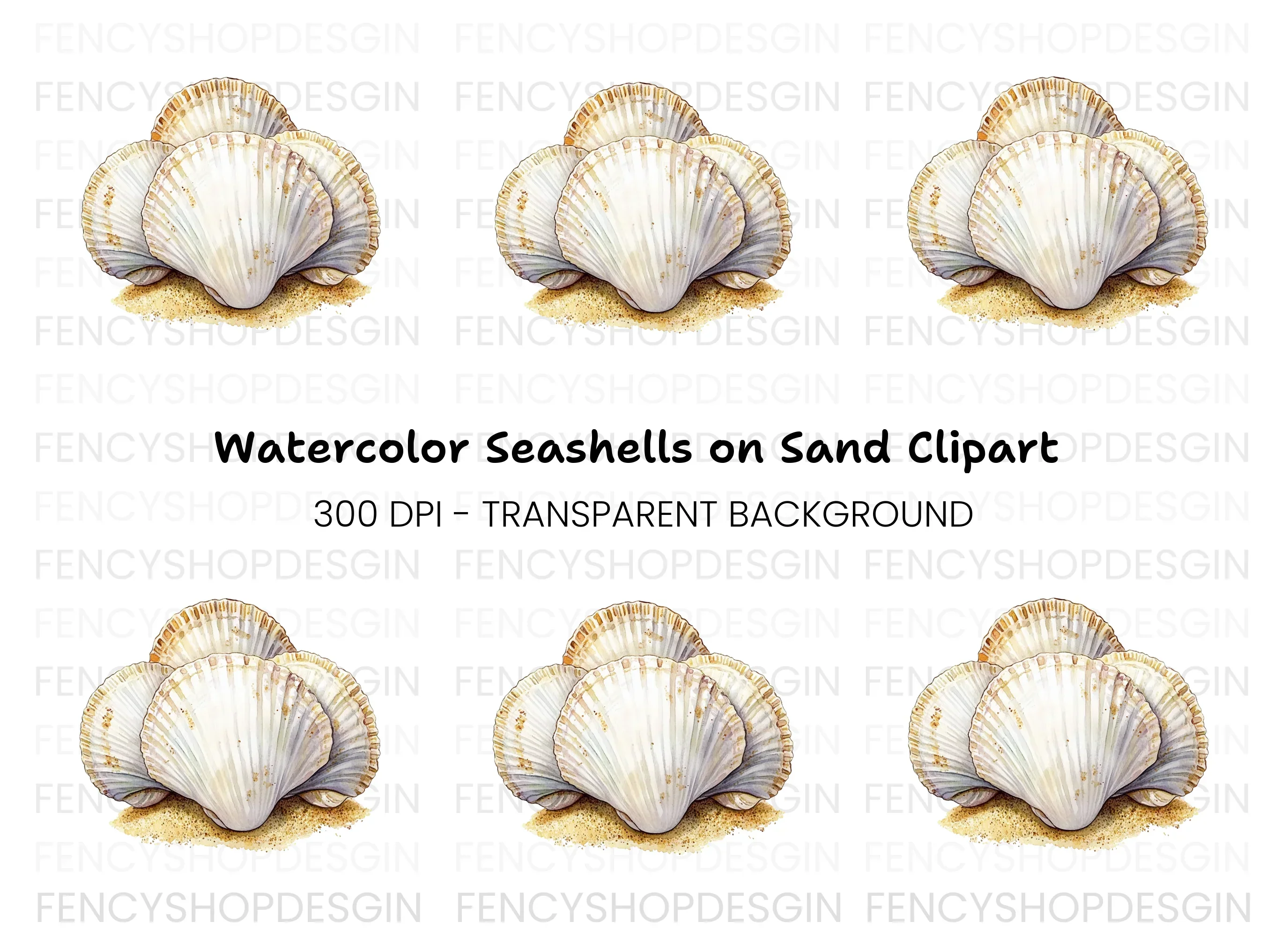 Scallop Shells on Sandy Base Clipart Bundle