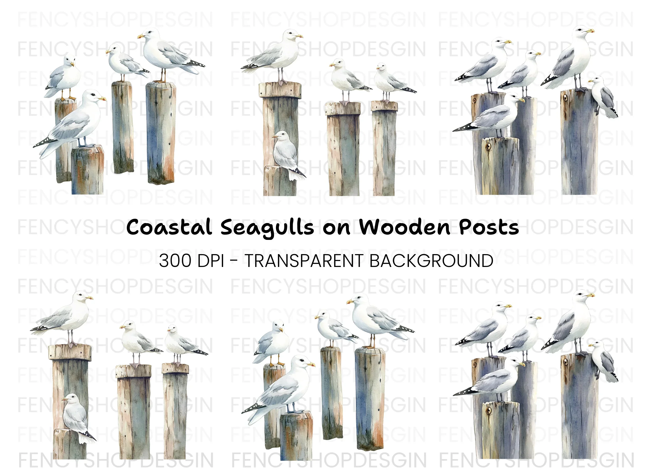 Seagulls on Pier Posts Clipart Bundle