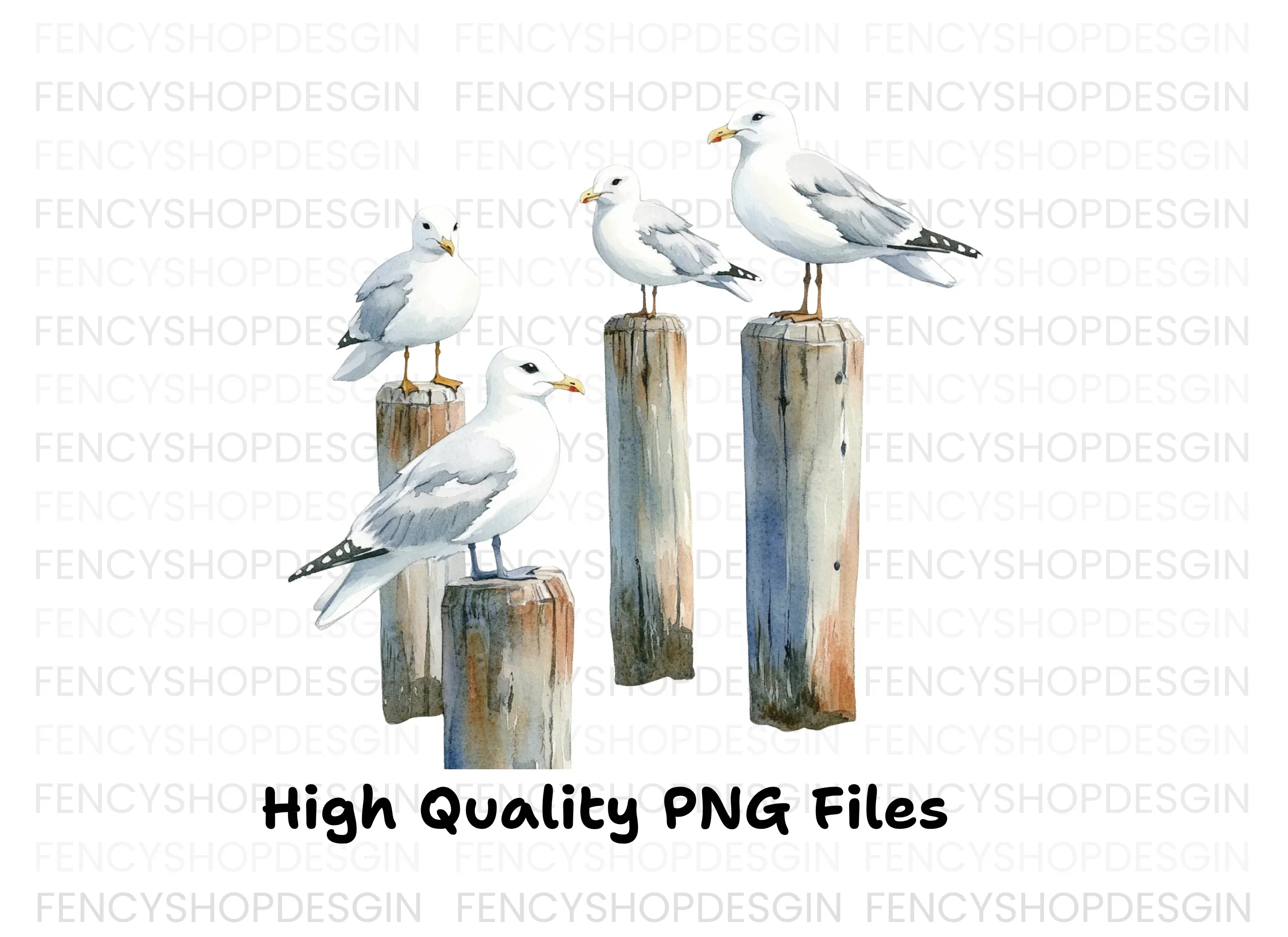 Seagulls on Pier Posts Clipart Bundle - Image 2