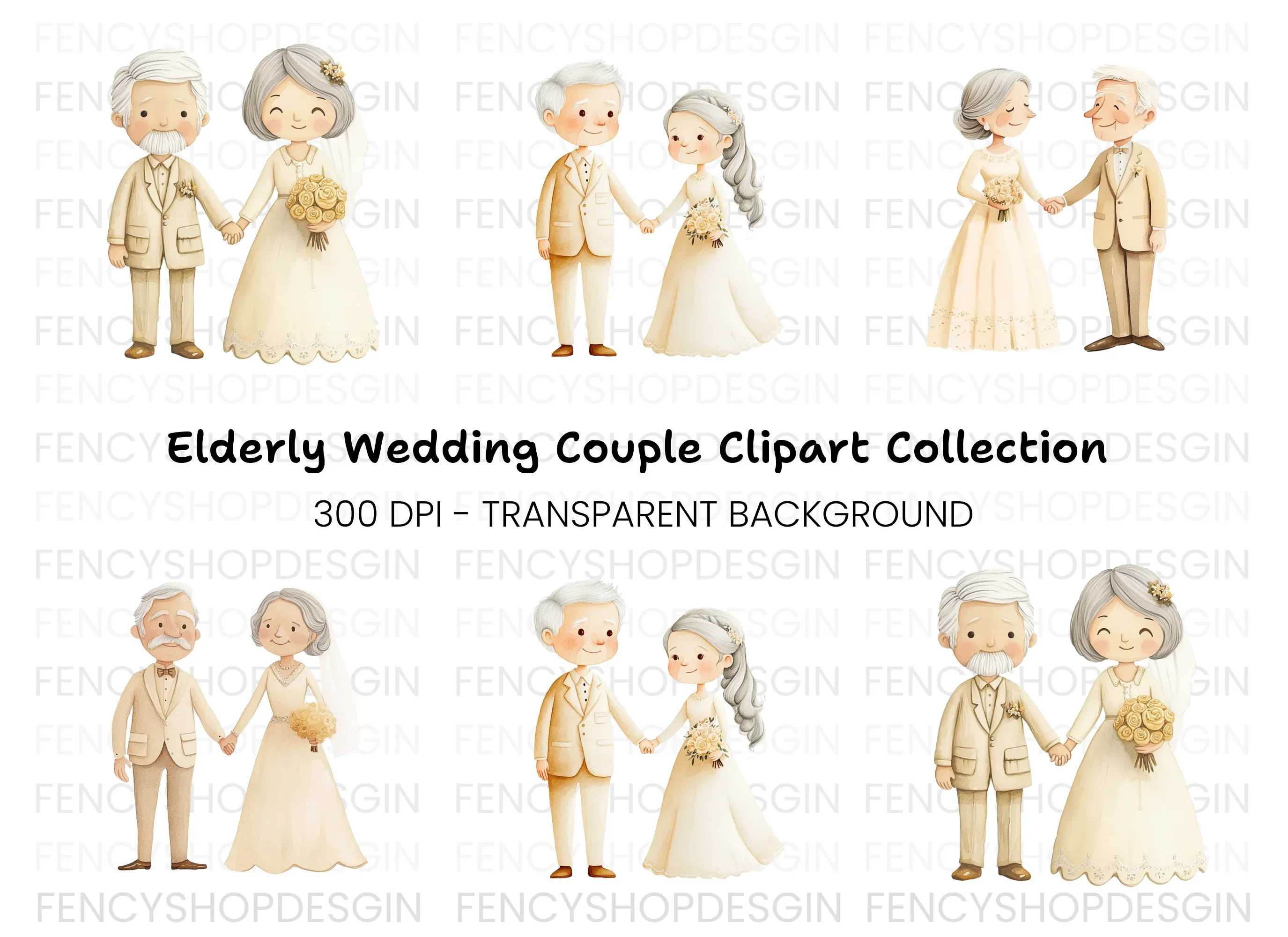 Senior Couple Wedding Day Clipart Bundle
