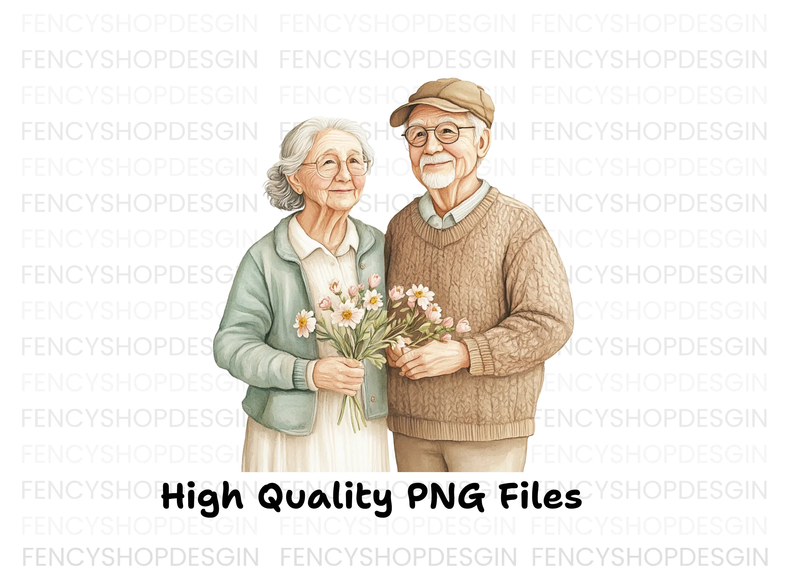 Senior Couples Holding Flowers Clipart Bundle - Image 3