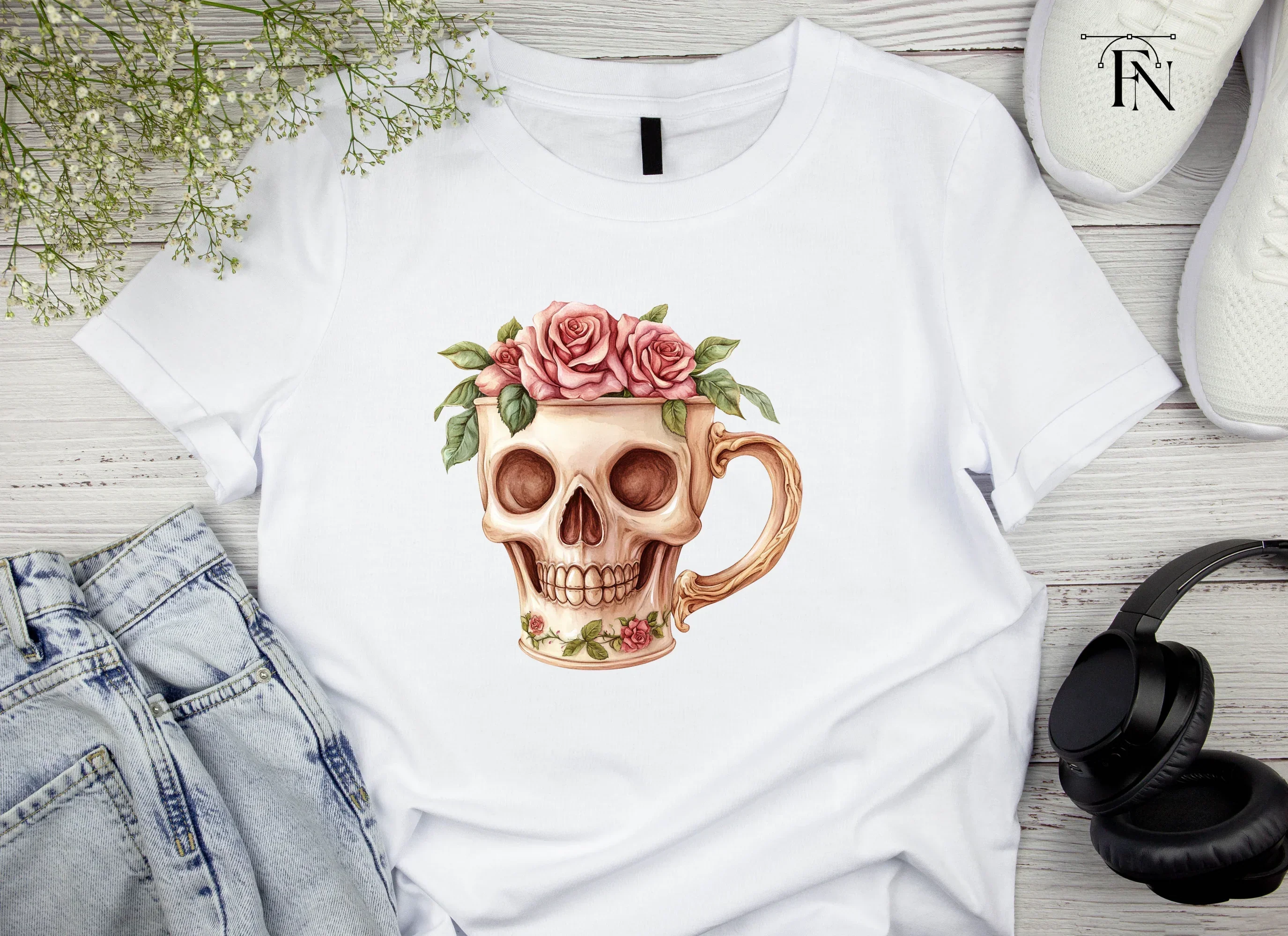 Skull with Pink Roses Clipart Bundle - Image 5