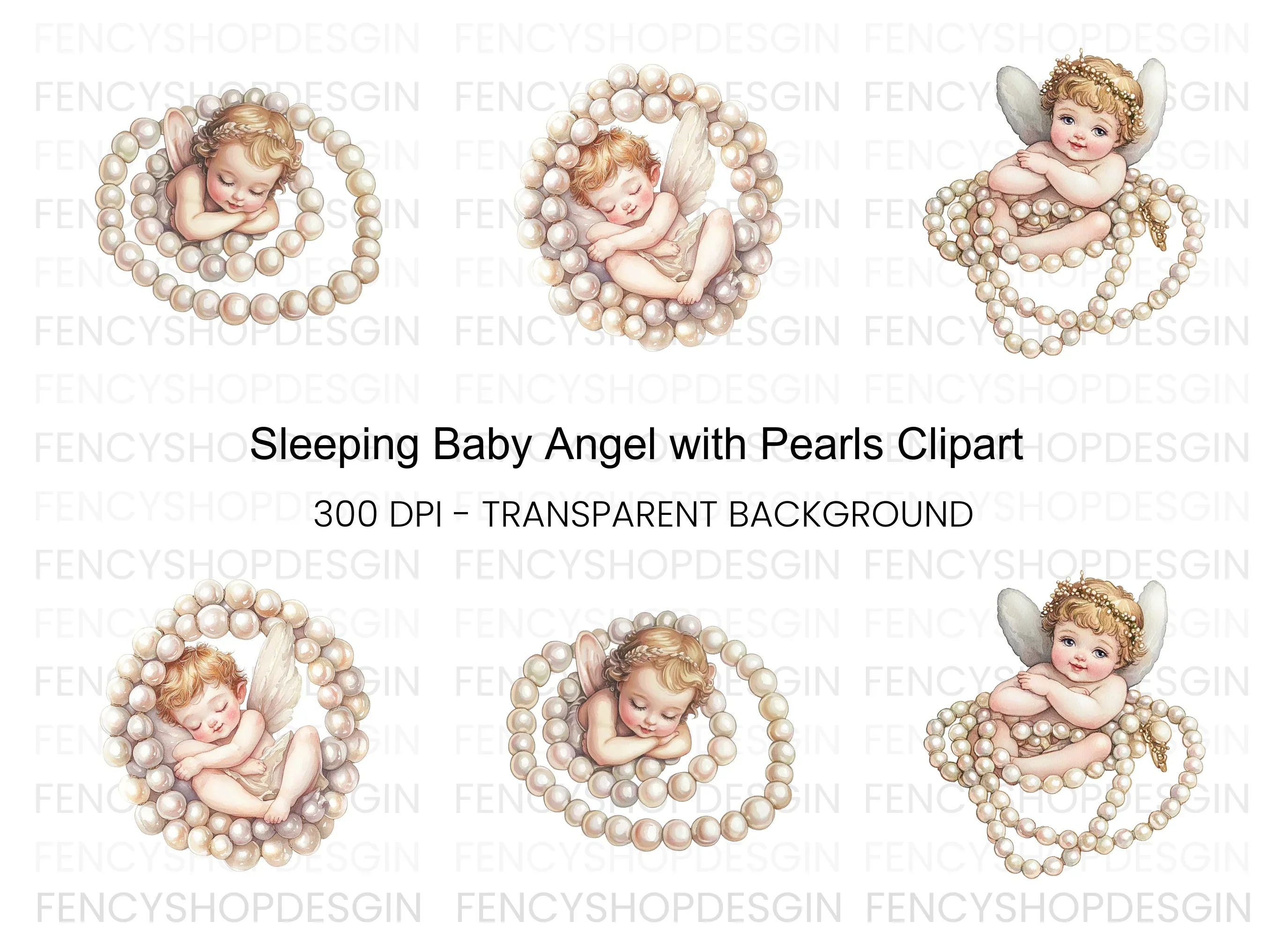 Sleeping Angel Babies with Pearls Clipart Bundle