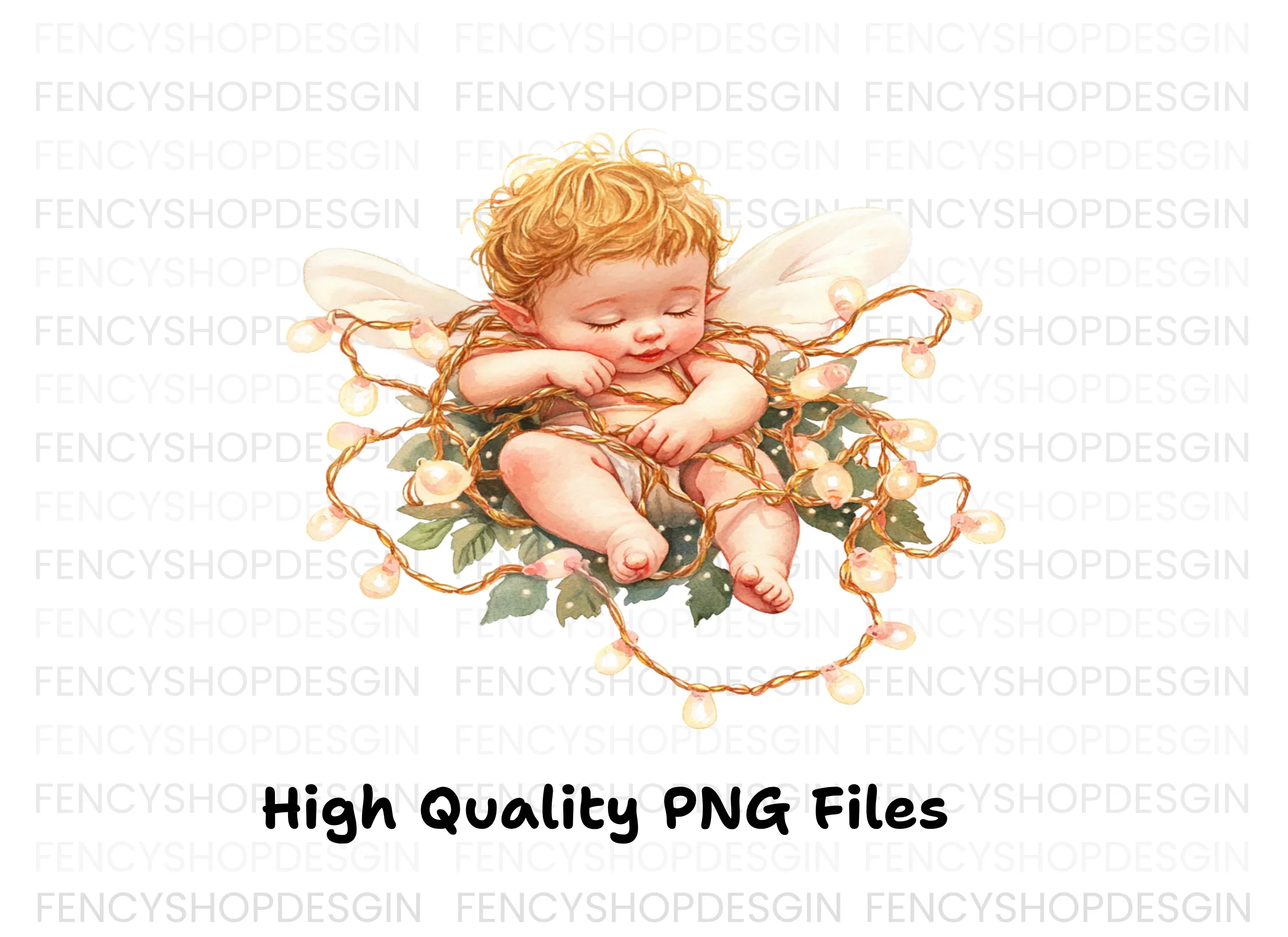 Sleeping Baby Angel with Fairy Lights Clipart Bundle - Image 2