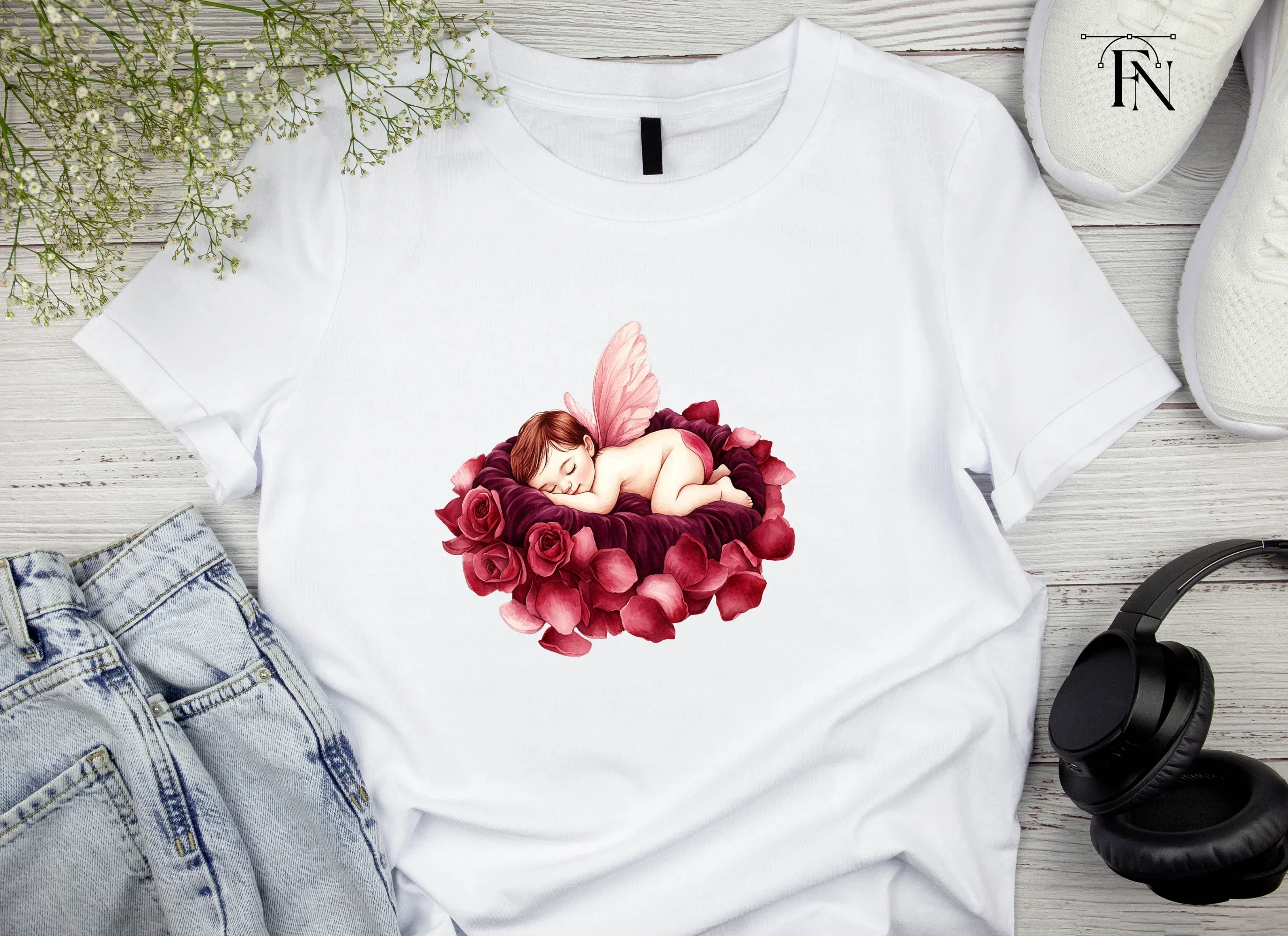 Sleeping Baby Angels on Rose Petals Clipart Bundle - Image 5