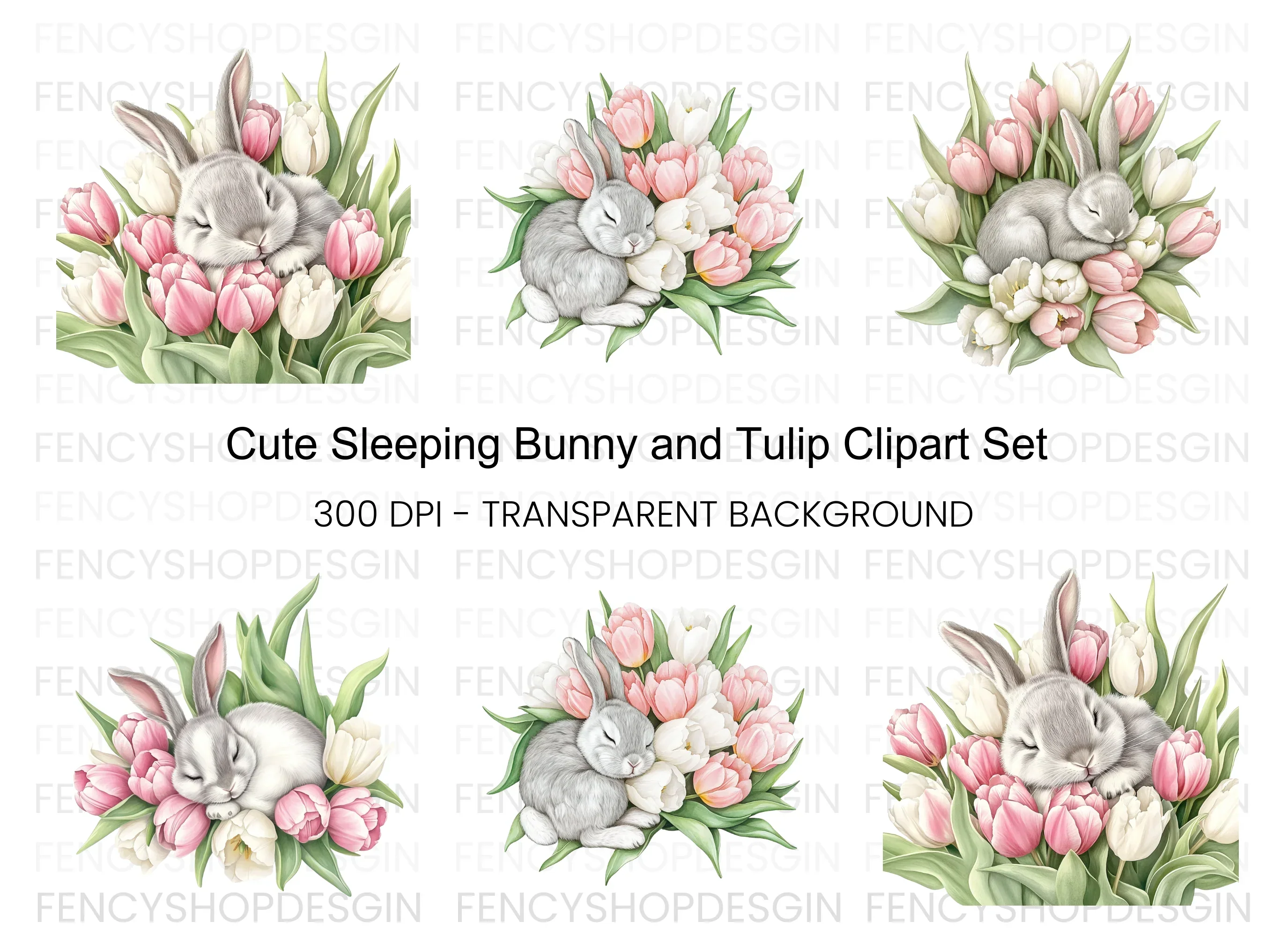 Sleeping Bunny in Tulip Bouquet Clipart Bundle