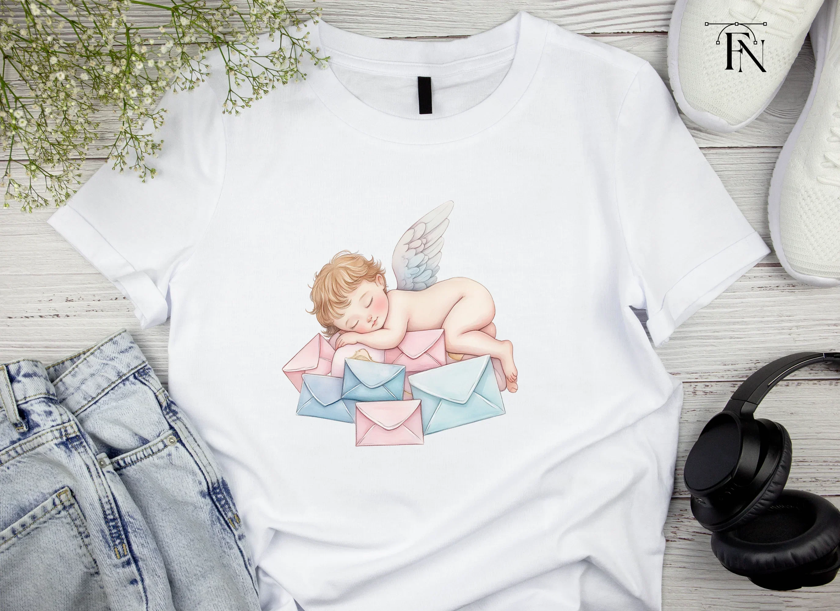 Sleeping Cherubs on Love Letter Piles Clipart Bundle - Image 4