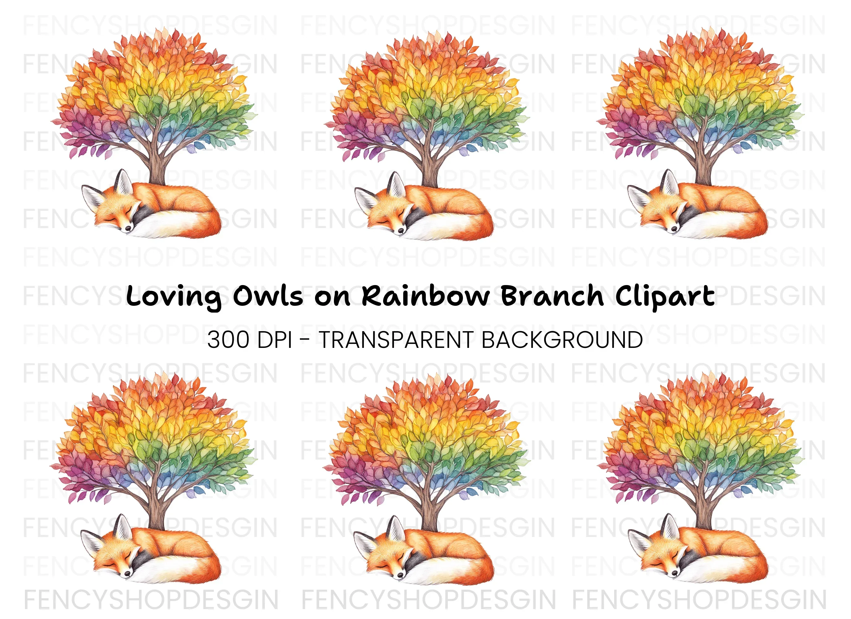 Sleeping Fox Under Rainbow Tree Clipart Bundle