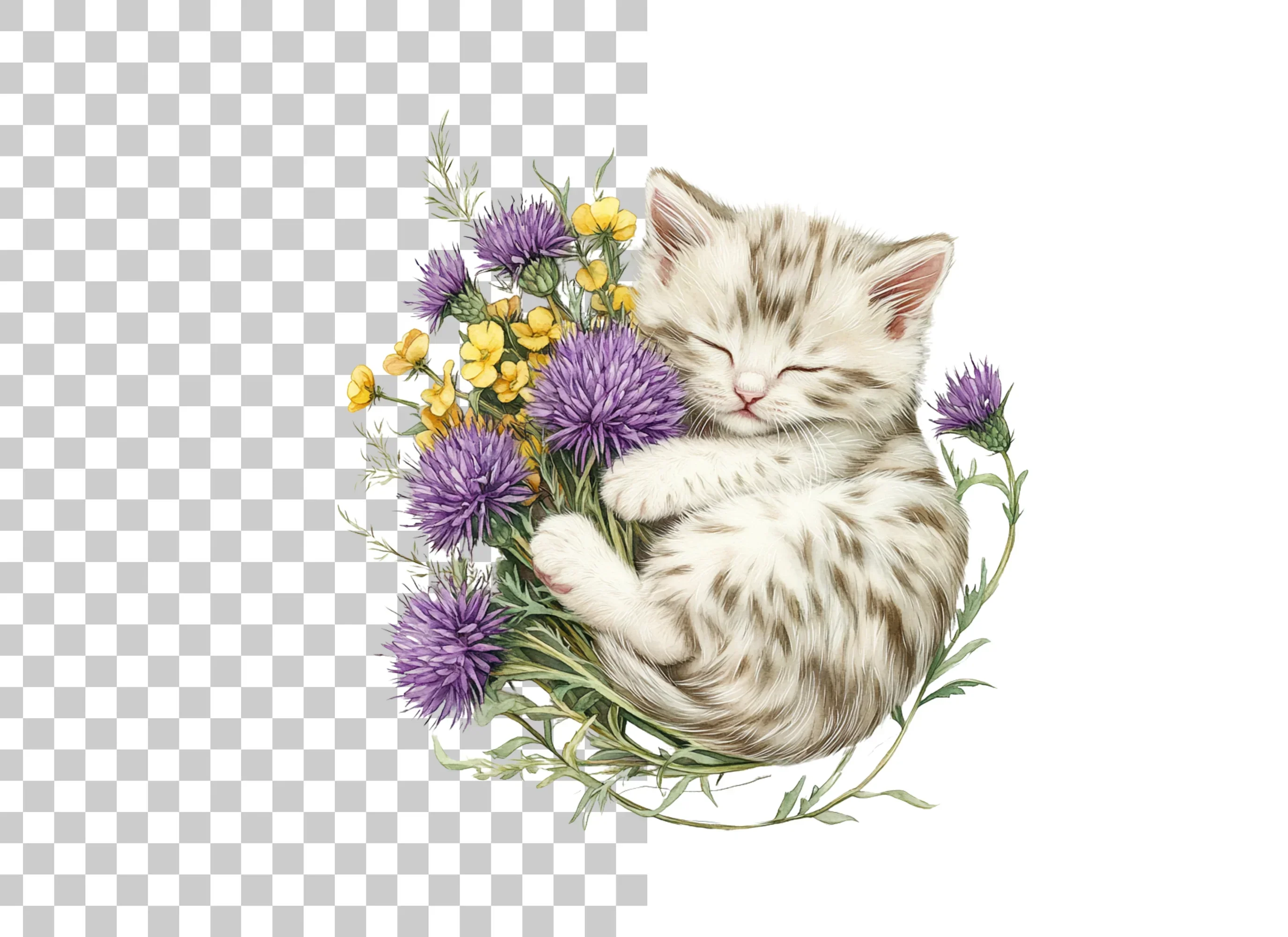 Sleeping Kitten in Wildflower Bouquet Clipart Bundle - Image 2