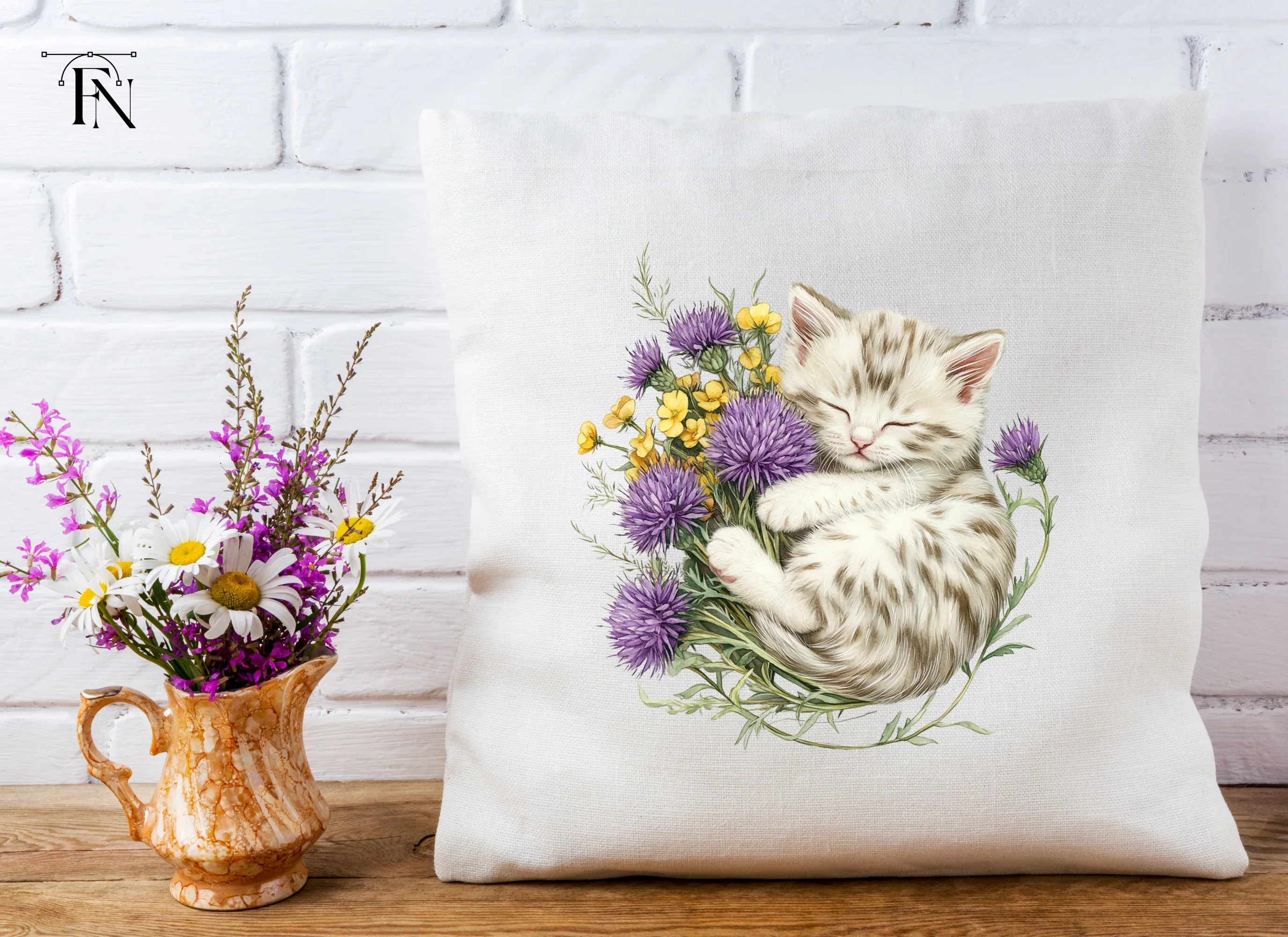 Sleeping Kitten in Wildflower Bouquet Clipart Bundle - Image 5