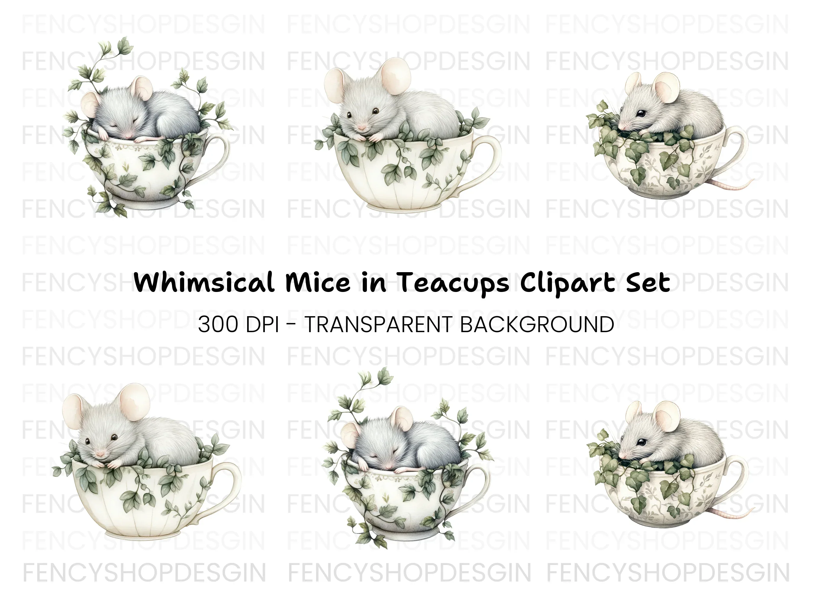 Sleeping Mice in Teacups Clipart Bundle