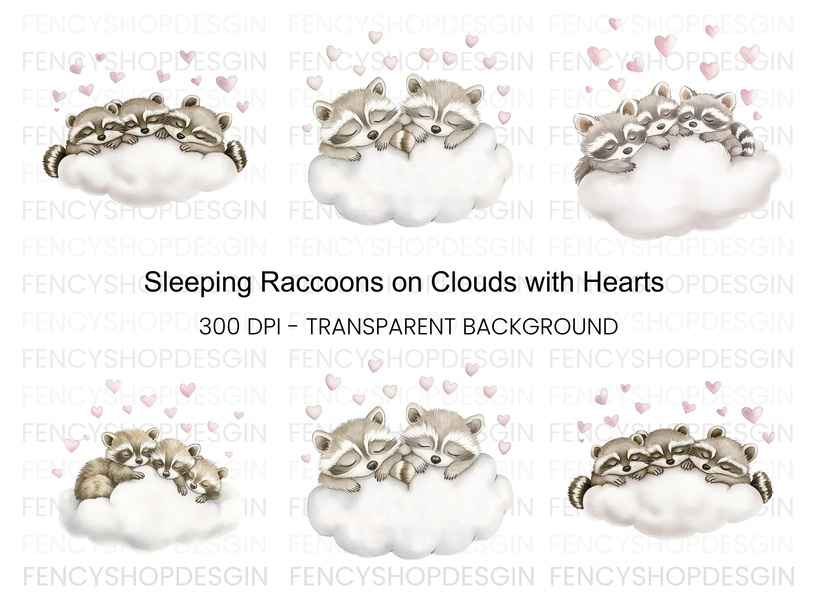 Sleeping Raccoons on Clouds Clipart Bundle