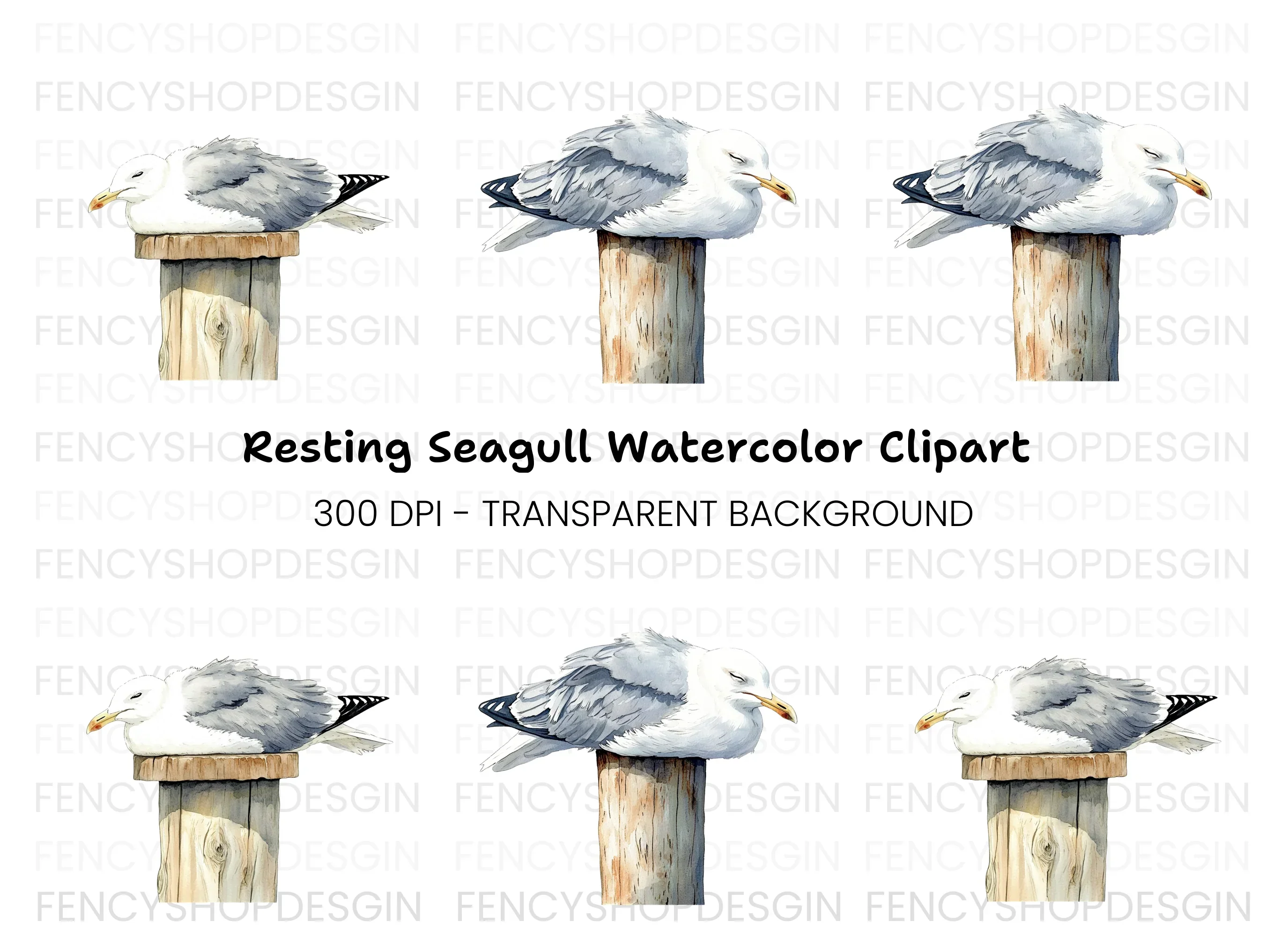 Sleeping Seagulls on Wooden Posts Clipart Bundle