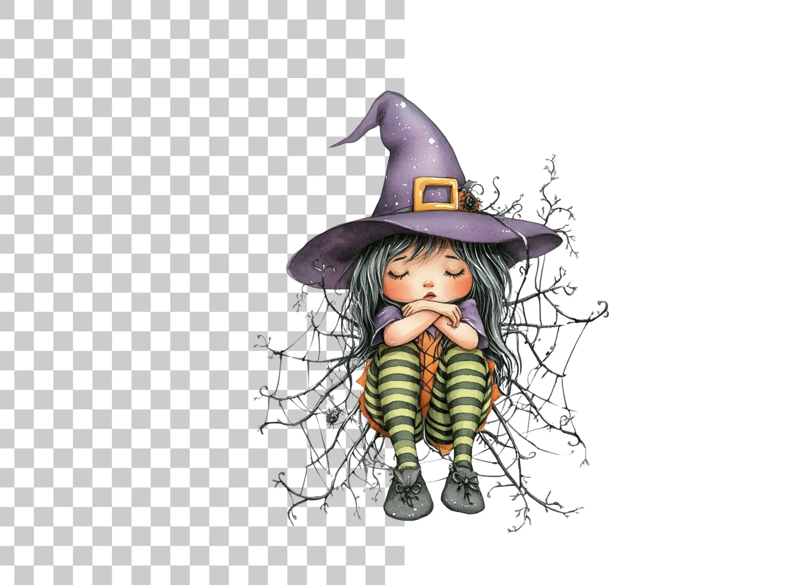 Sleeping Witches in Spiderwebs Clipart Bundle - Image 6