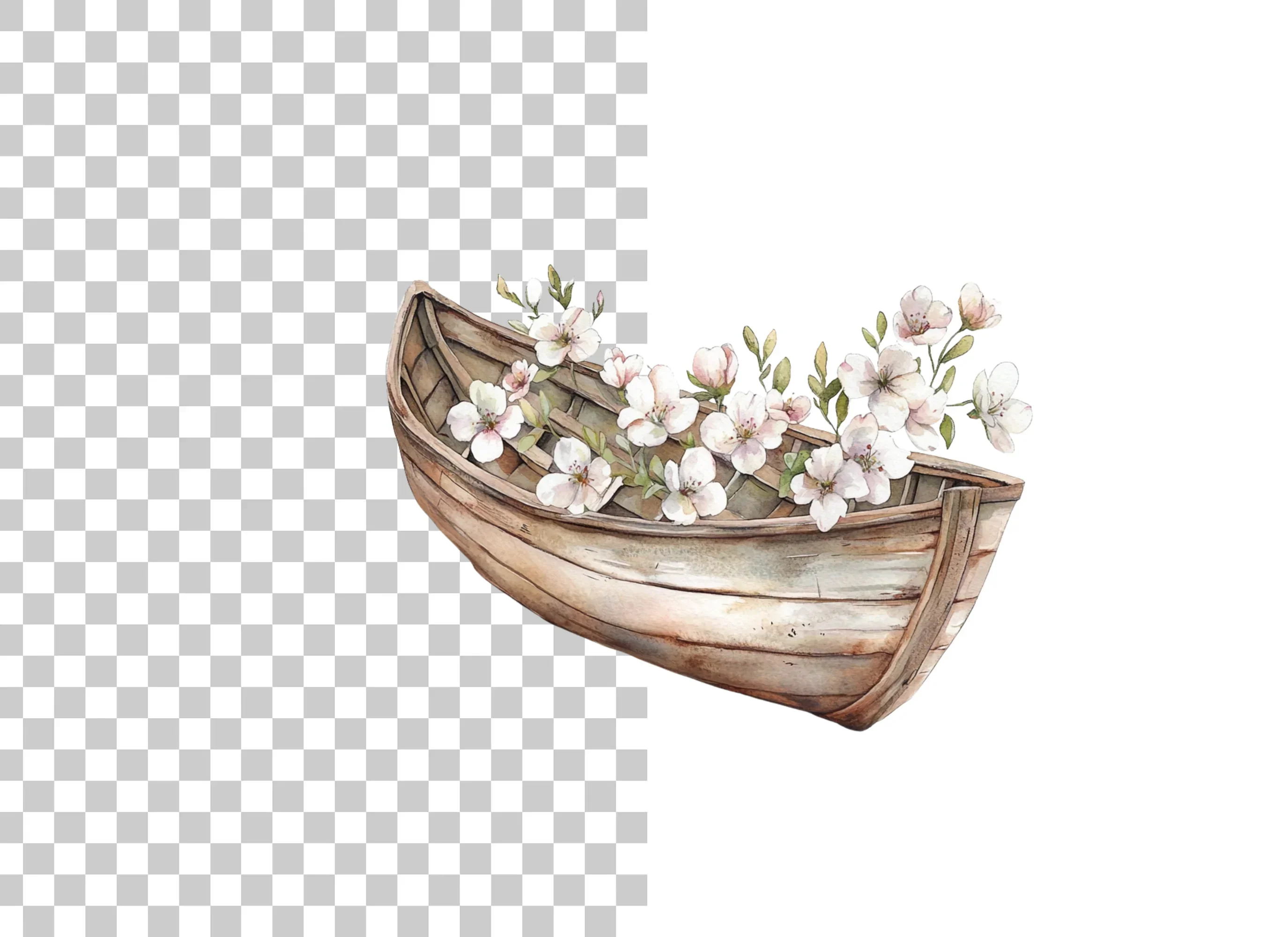 Small Wooden Boat with Pink Flowers Clipart Bundle - Image 2