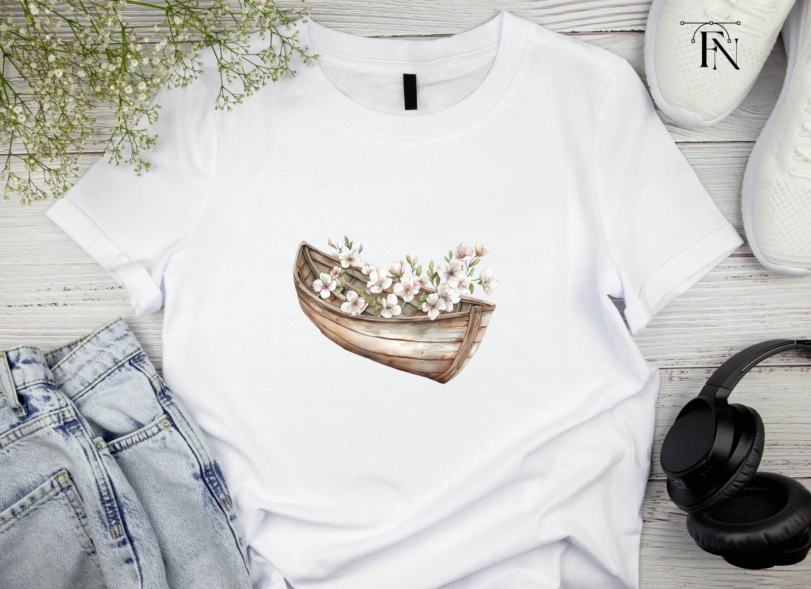 Small Wooden Boat with Pink Flowers Clipart Bundle - Image 4