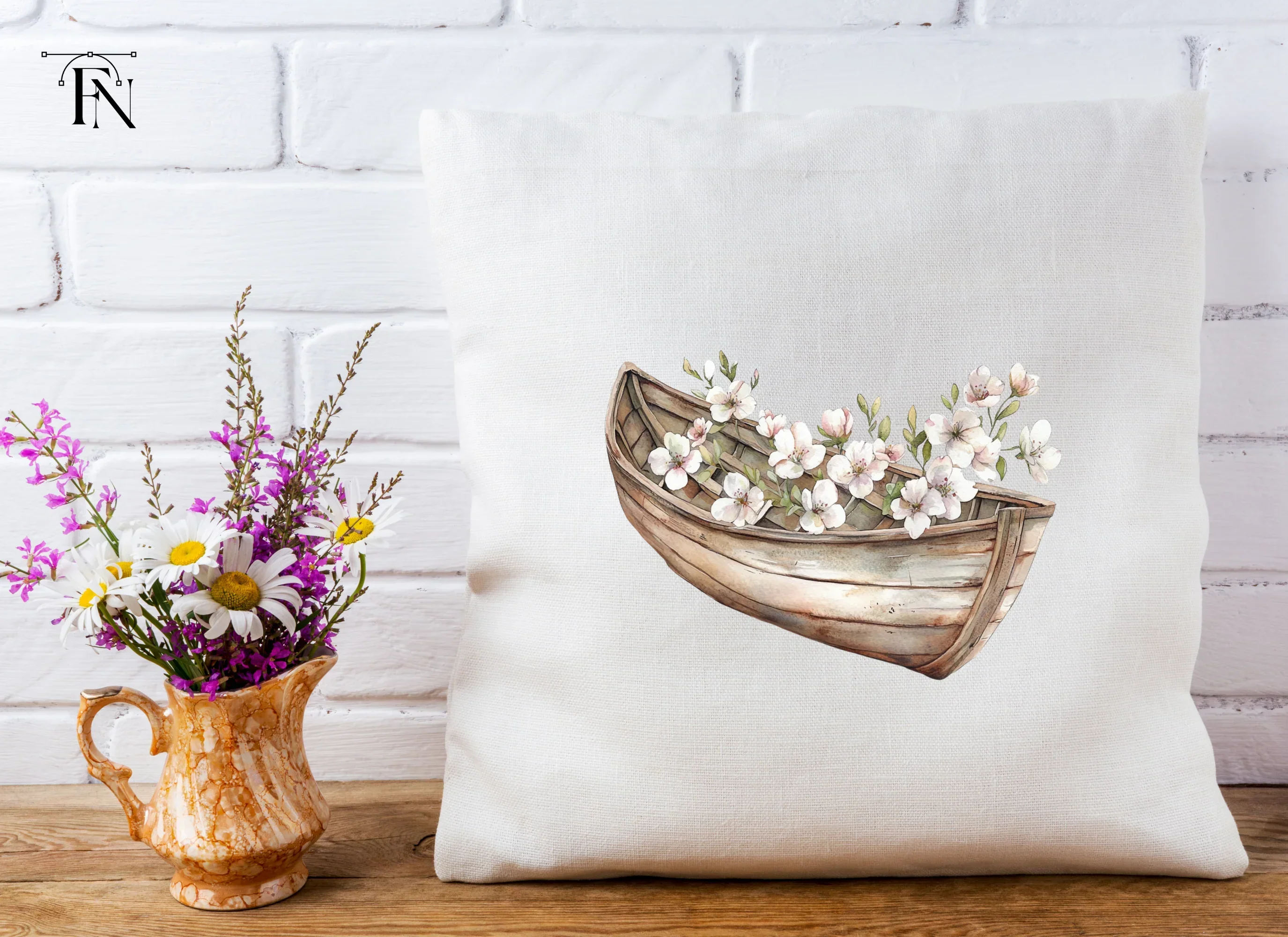 Small Wooden Boat with Pink Flowers Clipart Bundle - Image 5