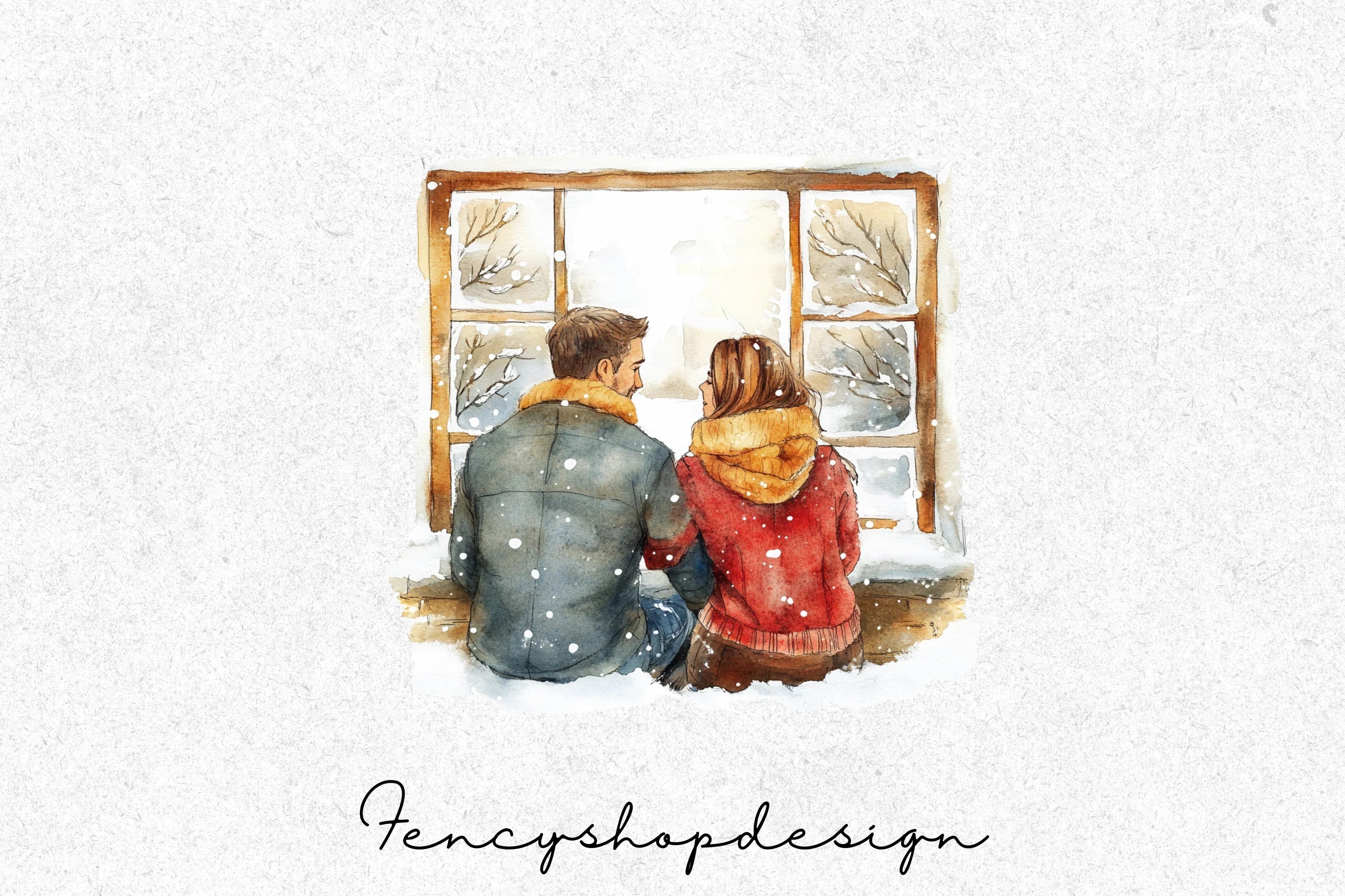 Snowy Window Winter Couple Clipart Bundle - Image 7