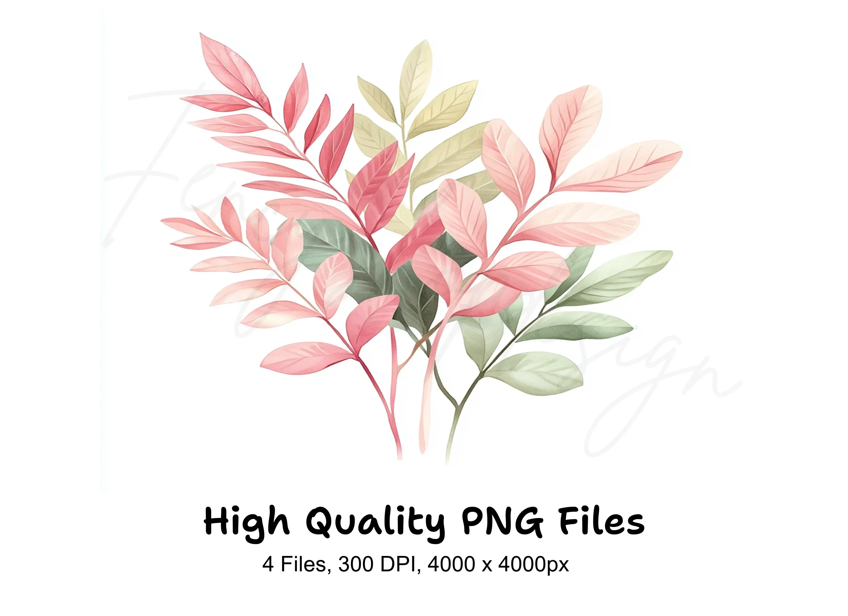 Soft Pink Green Foliage Clipart Bundle