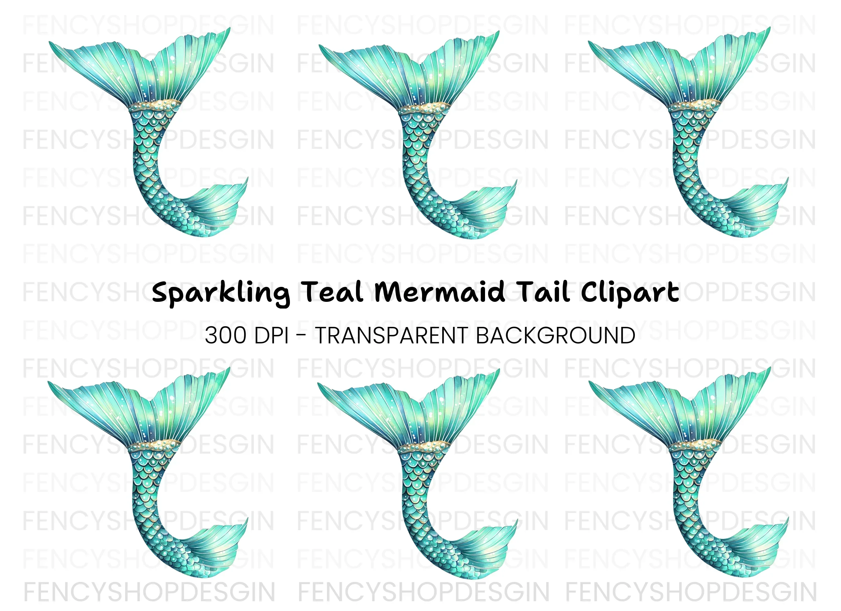 Sparkling Teal Mermaid Tail Clipart Bundle