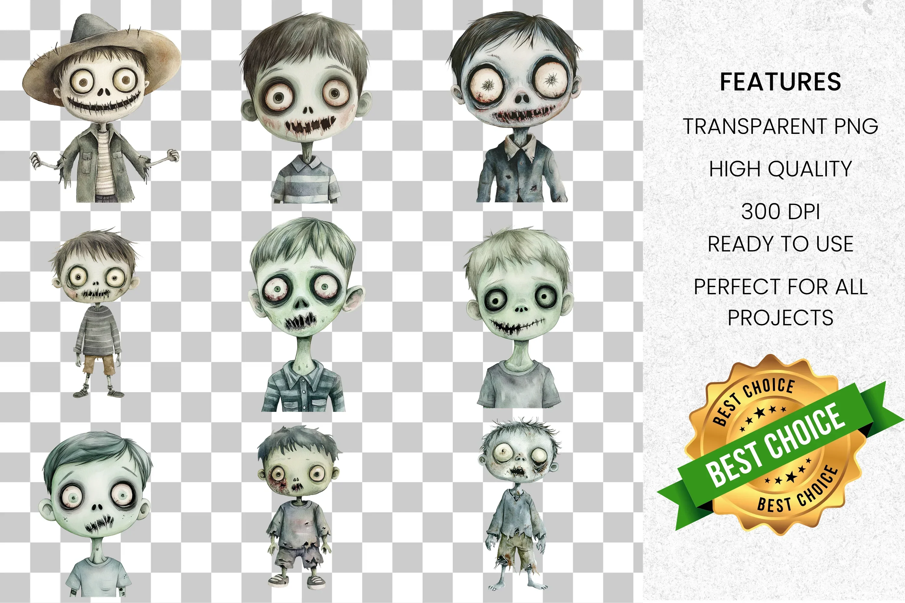Spooky Cute Zombie Boy Halloween Clipart Bundle - Image 8