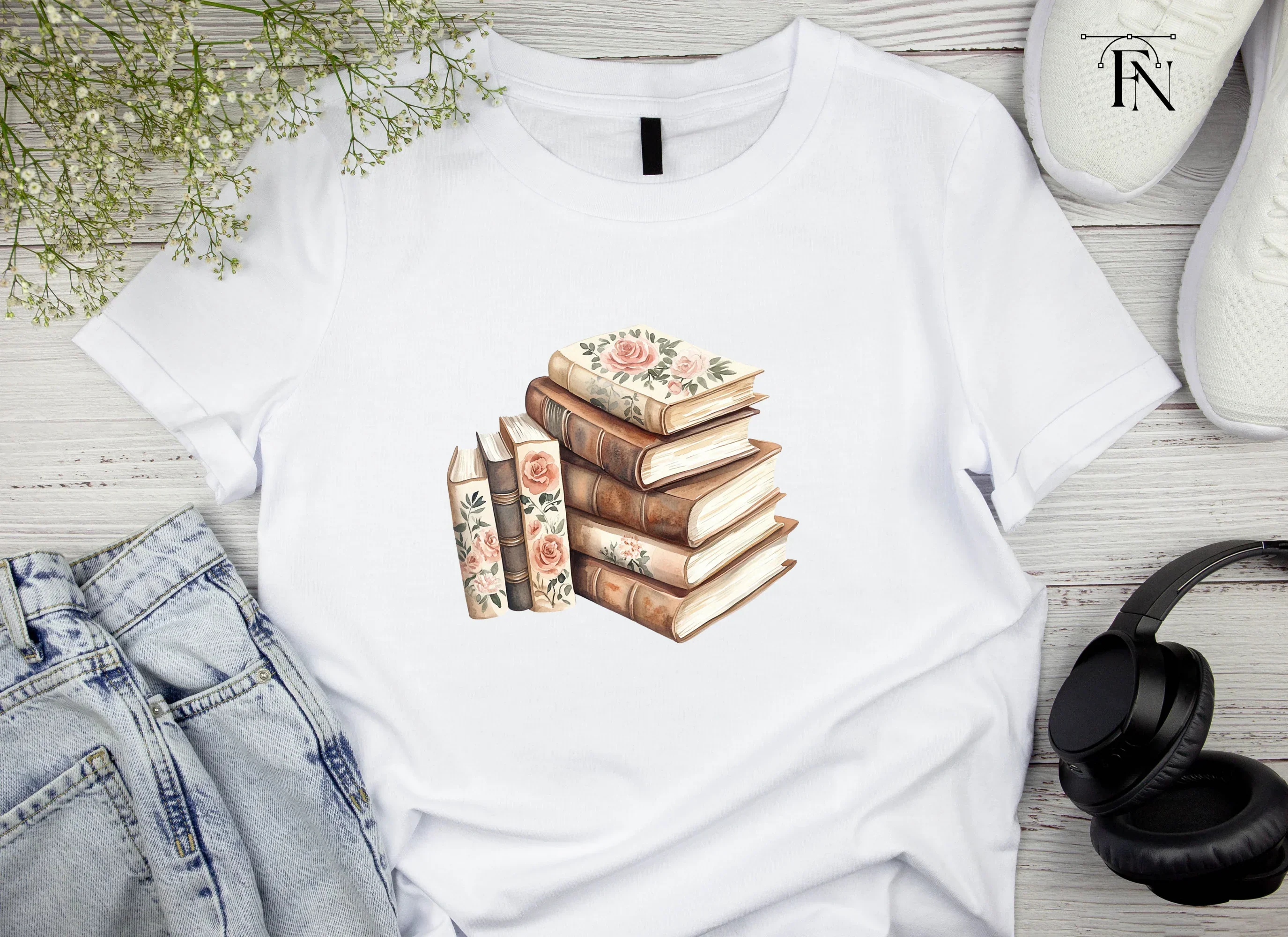 Stacked Books with Roses Clipart Bundle - Image 4