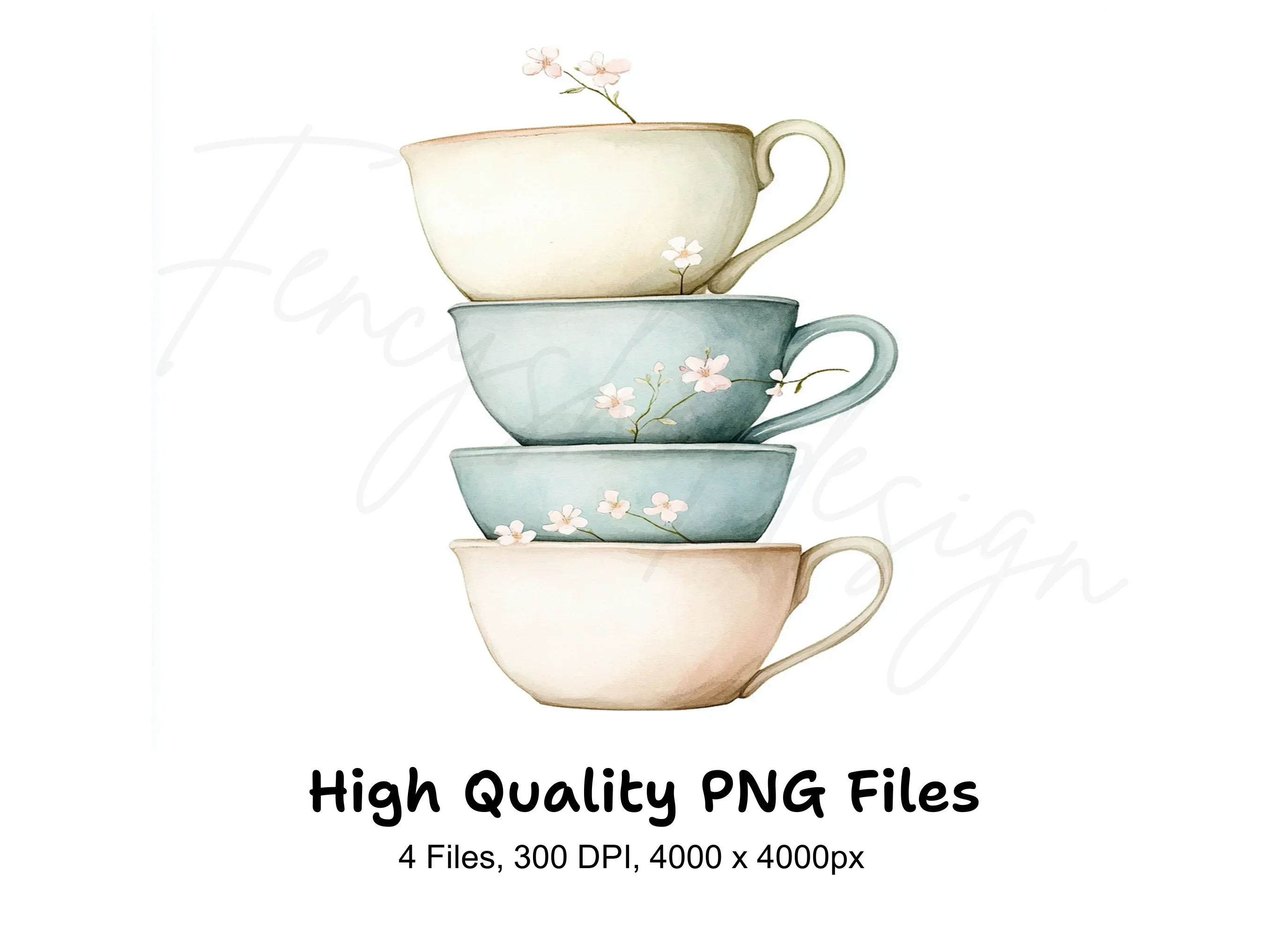 Stacked Pastel Teacups Clipart Bundle