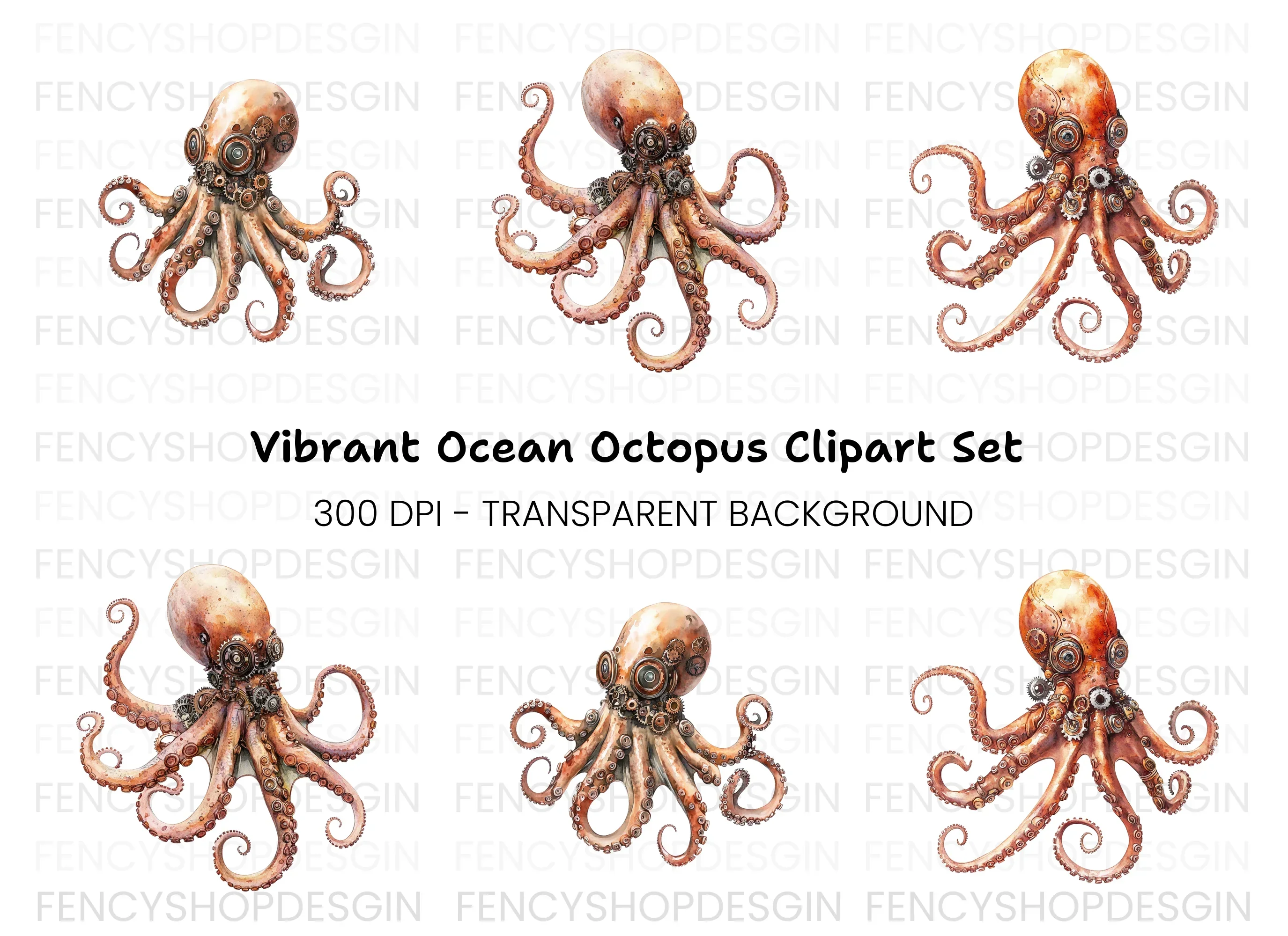 Steampunk Octopus Clipart Bundle