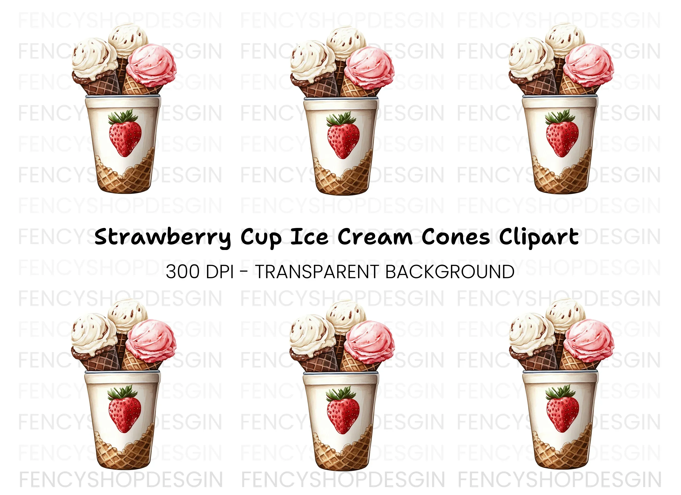 Strawberry Cup Ice Cream Cones Clipart Bundle