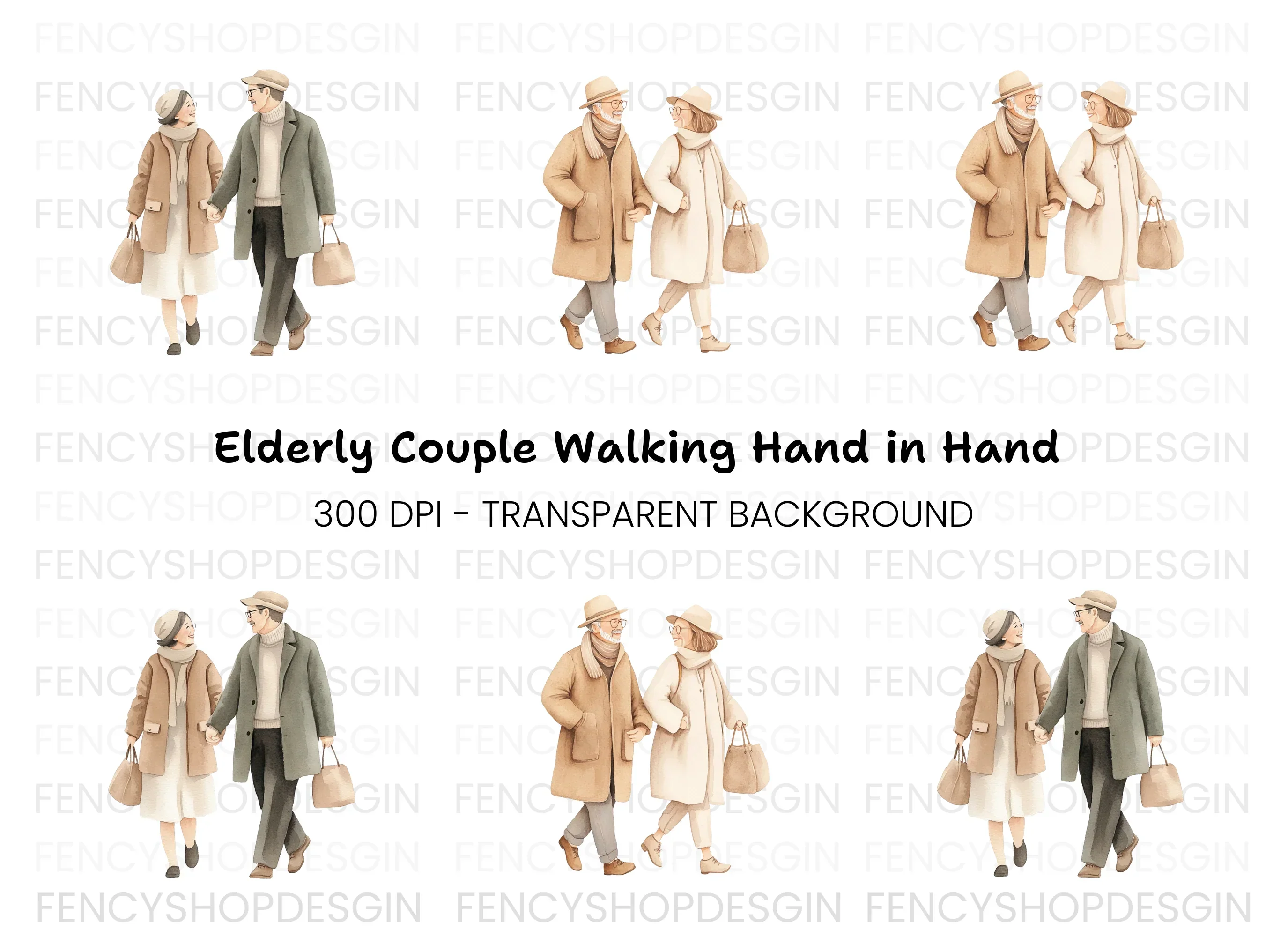 Stylish Senior Couples Walking Clipart Bundle